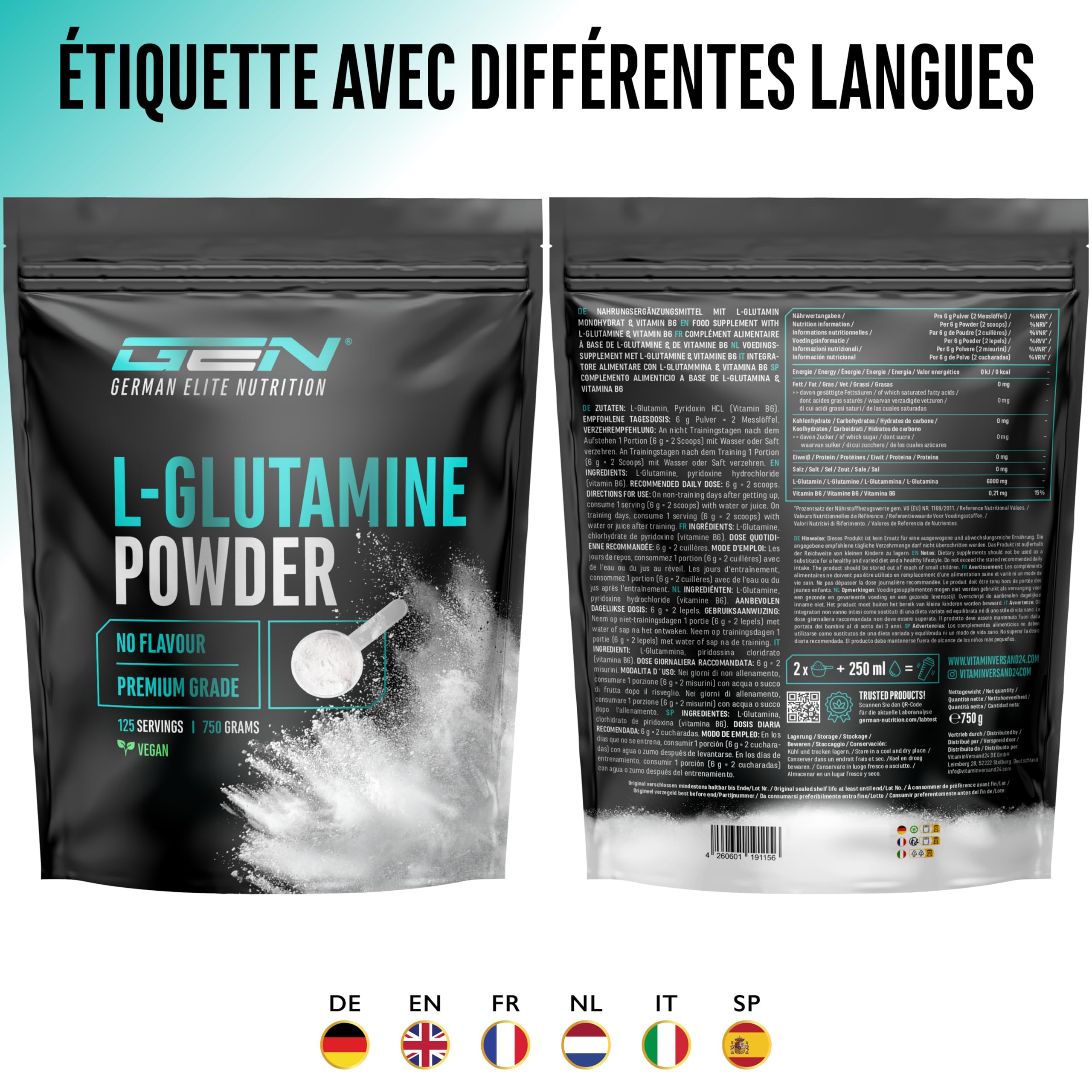 L-Glutamine en poudre - 750 g - Premium : Poudre pure et ultrafine sans additifs - Acide aminé L-Glutamine 100% micronisé - Neutre non aromatisé - Hautement dosé - Vegan