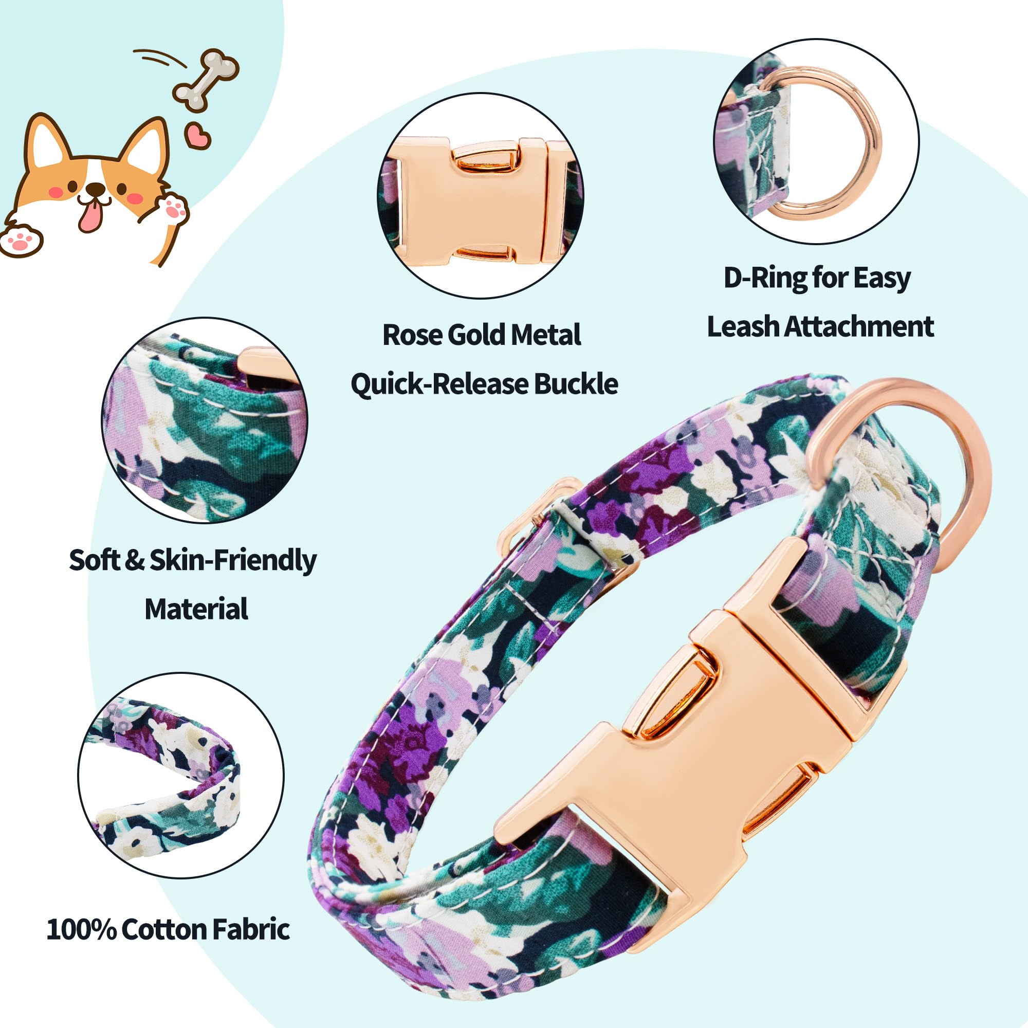 Dote on Dog Collar and Lead Set including Bow Tie, Girl Dog Collar with Detachable Flower with Strong Gold Buckle - Image 2