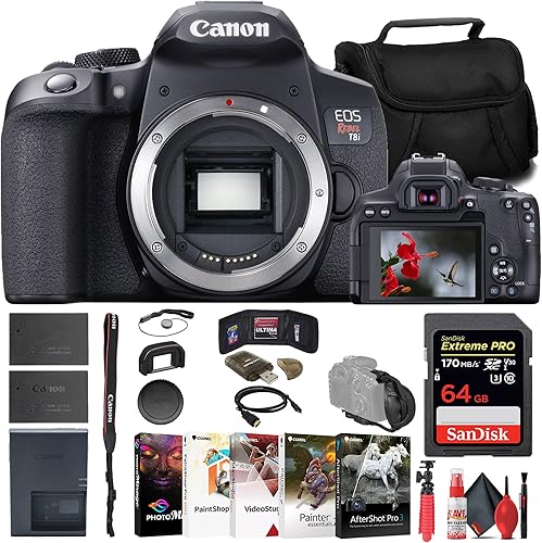 Canon Cámara DSLR EOS Rebel T8i (solo cuerpo) (3924C001) + tarjeta de memoria de 64 GB + cargador + batería LPE17 + lector de tarjetas + software de