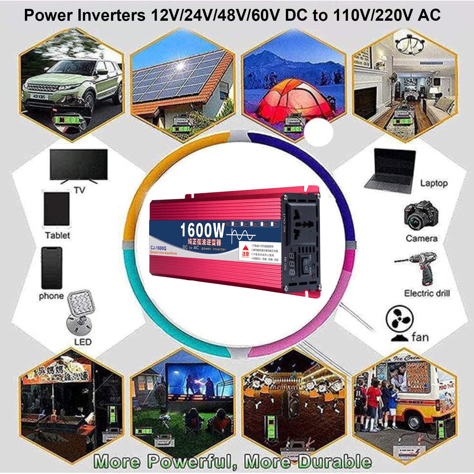 Inversor De Onda Sinusoidal Pura (1600W-8000W), Inversor Para Coche De 12V/24V/48V/60V A 220V, Con Tomas Universales De 1/2 Y Pantalla De Voltaje, Para Autocaravanas, Camiones, Coches,3000W-12V