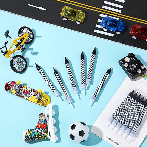 Miniatura 3 de Cindeer 12 velas de cumpleaños temáticas de autos de carreras, bandera a cuadros en blanco y negro para decoración de fiestas de autos de carreras,