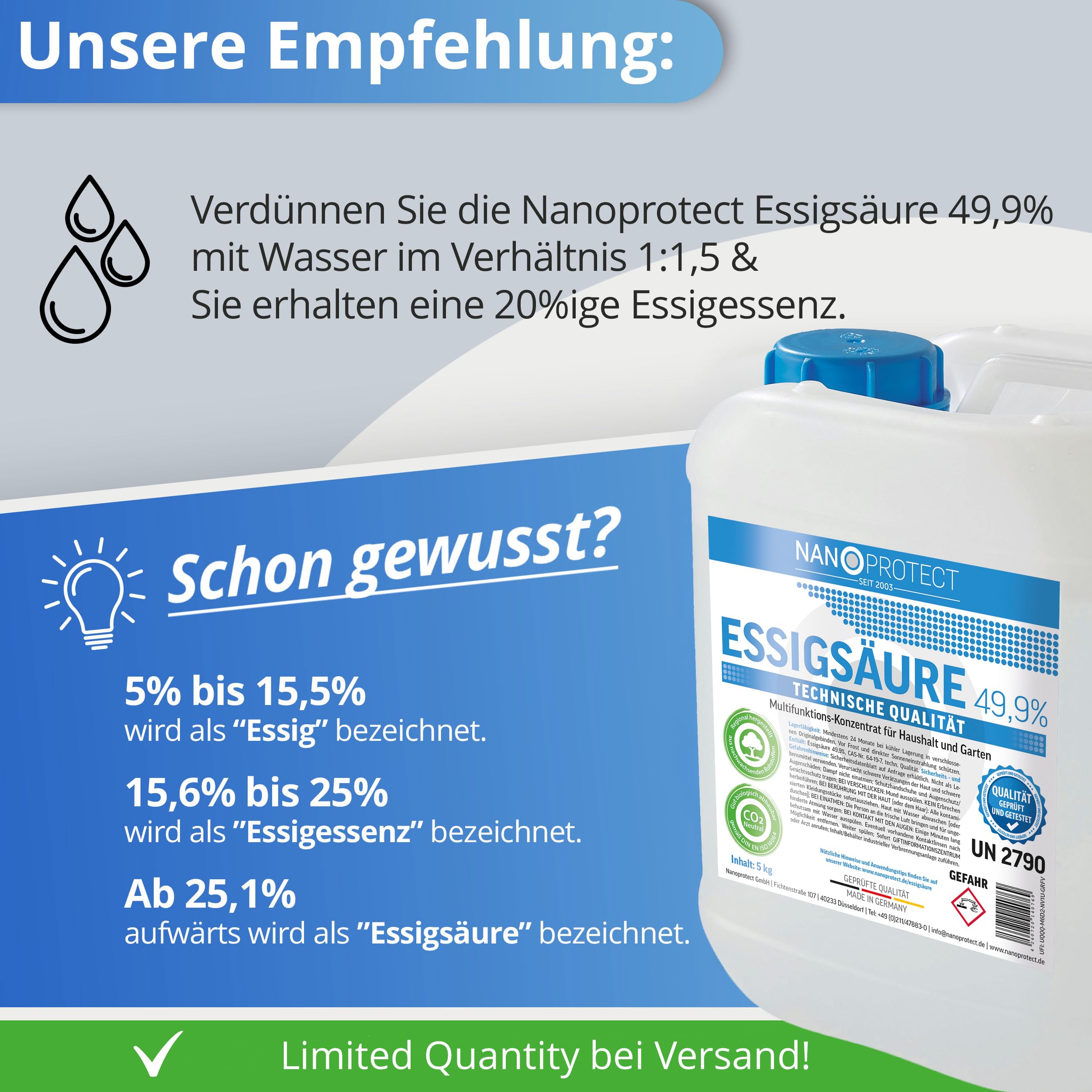 Nanoprotect Essigsäure 49,9% Klimaneutral - 20 kg | Ideal als Reiniger und Entkalker | Für Haus und Garten | Premium Qualität – Made in Germany