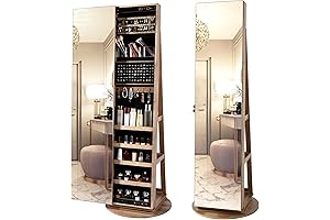 LVSOMT Swivel Jewelry Cabinet with Mirror Storage
