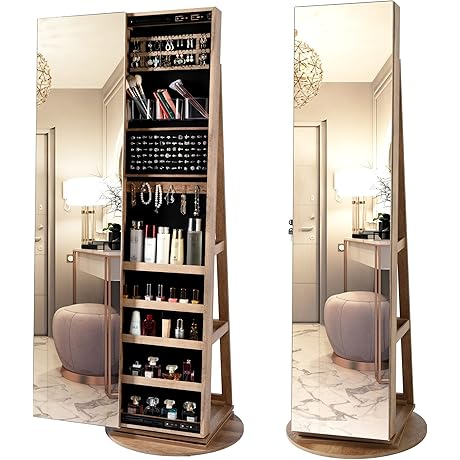 LVSOMT Swivel Jewelry Cabinet with Mirror Storage