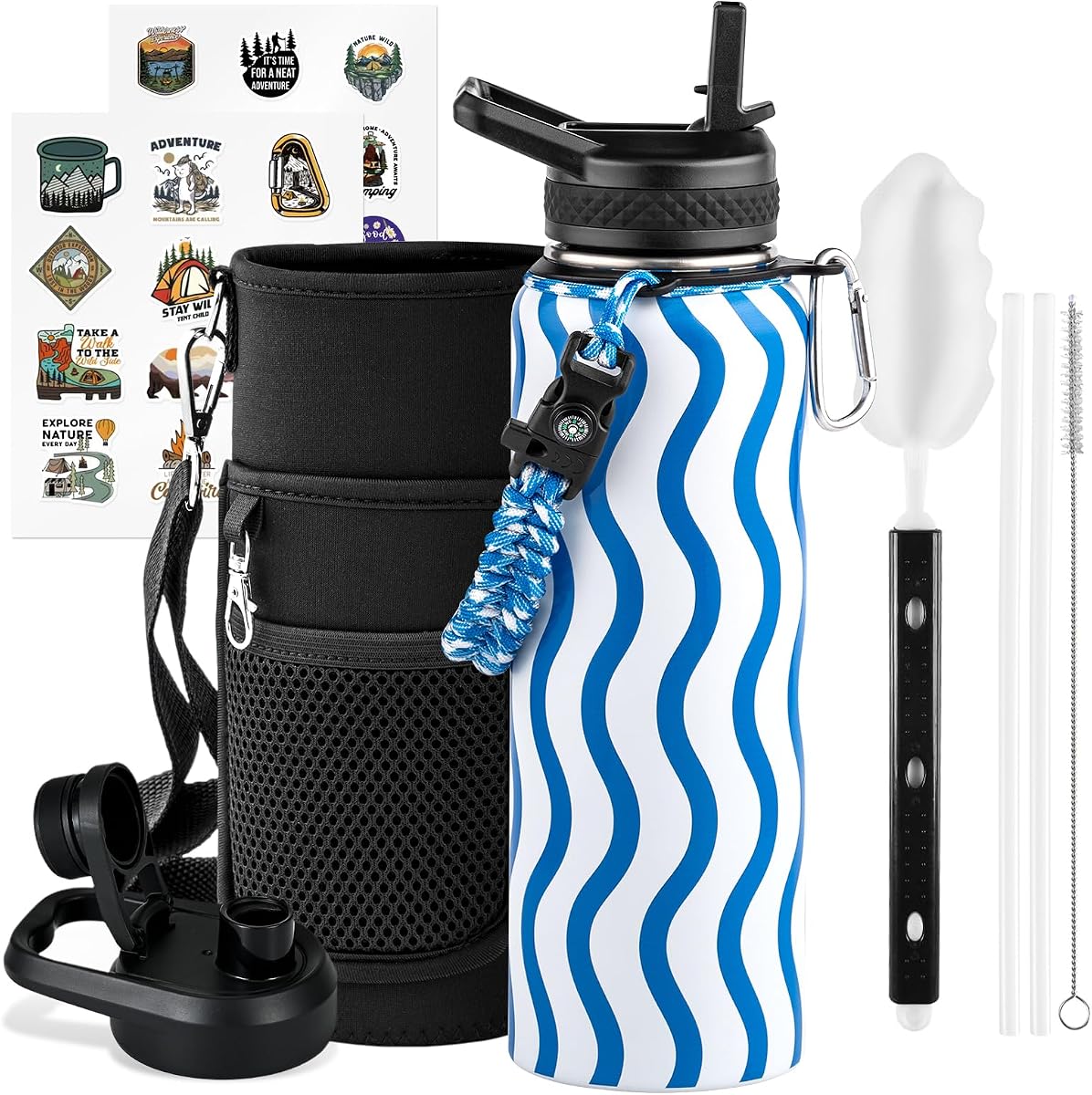 WixByti Botella de agua aislada de 40 oz con pajita, jarra de agua de acero inoxidable | Frío durante 36 horas, vacío de triple pared, termo deportivo sin BPA y a prueba de fugas con tapas con pico de paja y mango de paracord