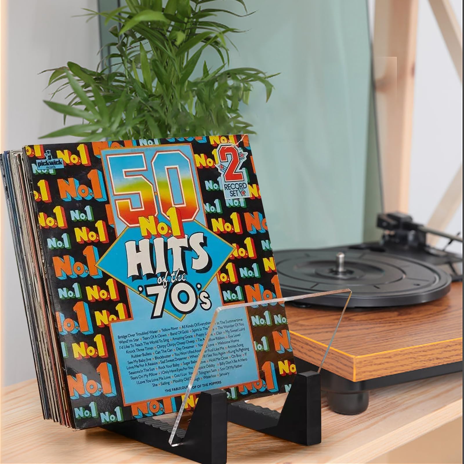 Winylowy organizer na płyty LP, płyta winylowa, stojak, przechowywanie do 50 albumów lub płyt CD, podstawa z litego drewna ze szkłem akrylowym, kolor czarny