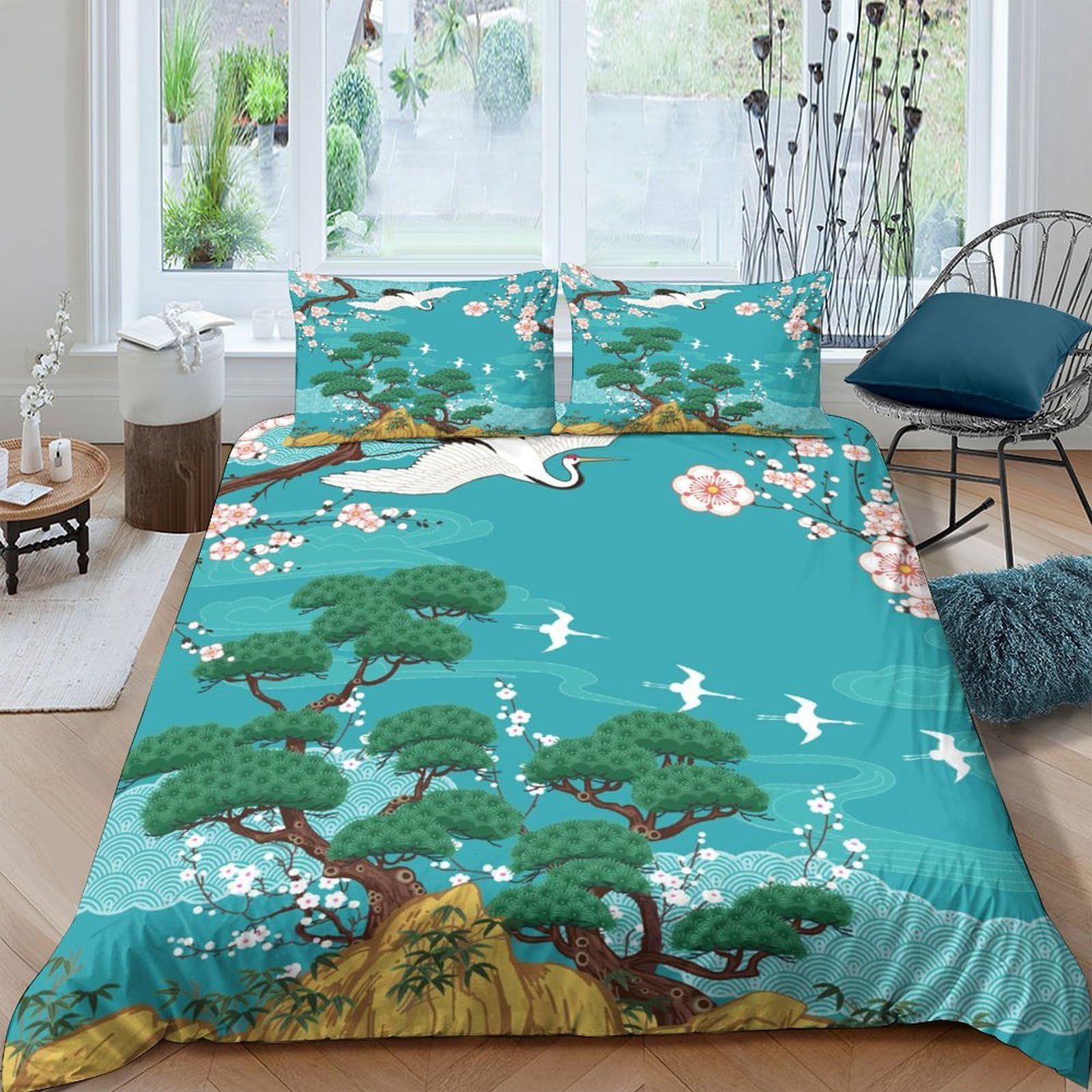 Ctjqhvkz Style-9 3D Printed Japanese Crane Fitted Sheet Microfiber Soft Blue Pine Blossom Mattress Cover For Bedroom Decor Dorm Single（135X200cm）