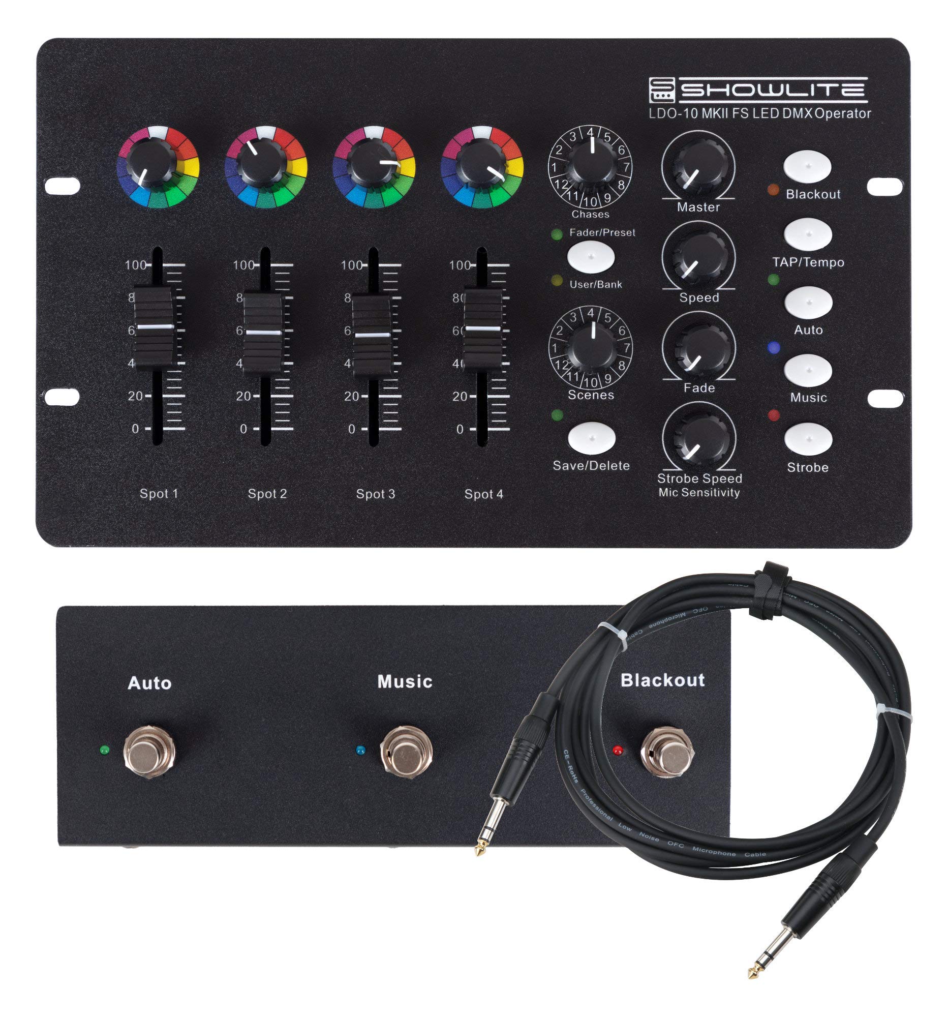 Showlite LDO-10 MKII FS LED DMX Operator + Footswitch Set - DMX-Controller für LED-Scheinwerfer - Ideal für Alleinunterhalter, kleinere Bands oder Kneipen - Set inklusive Fußfernsteuerung und Kabel
