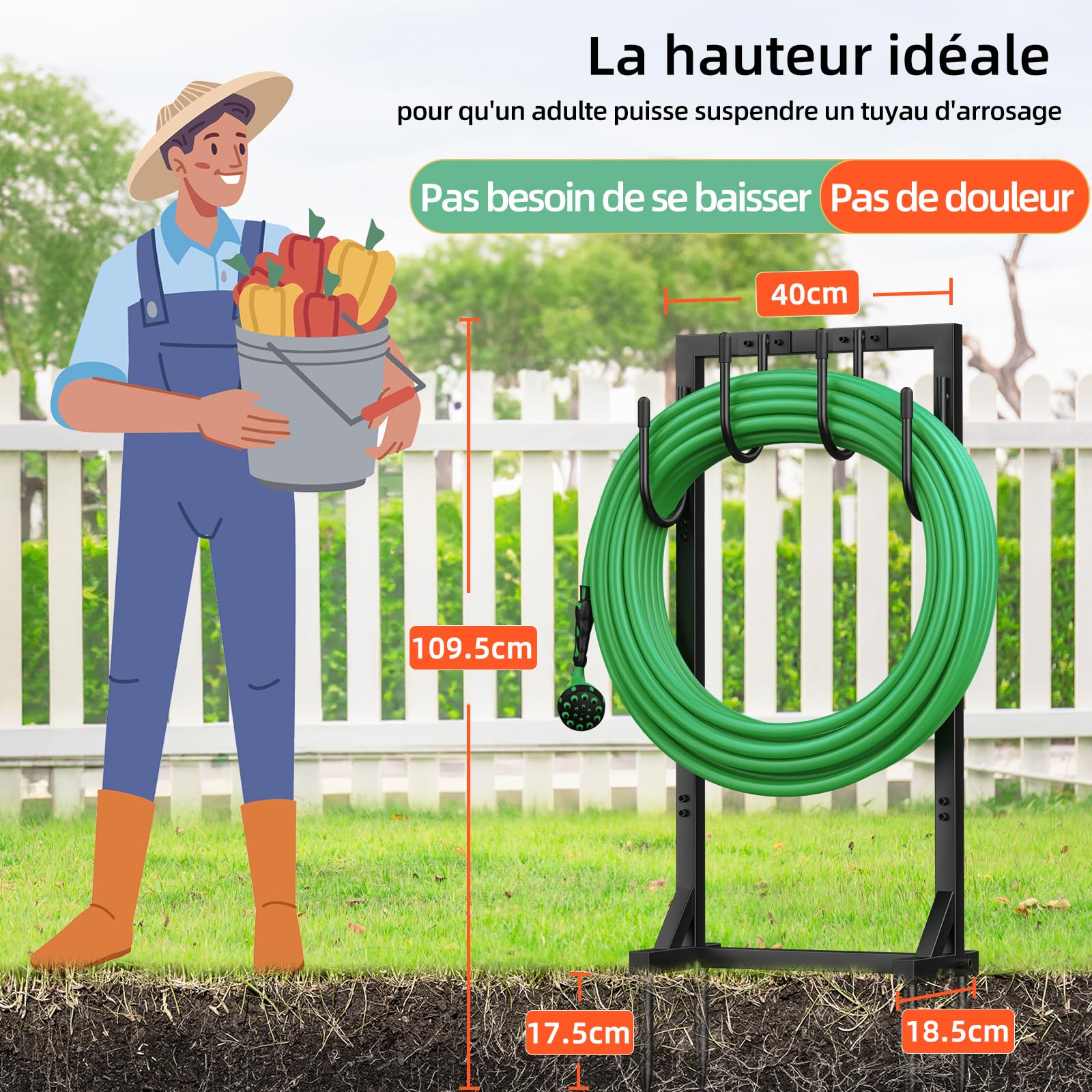 Support pour Tuyau d'arrosage 109,5 cm Enrouleur Métallique 45 mètres 4 Crochets Jardin