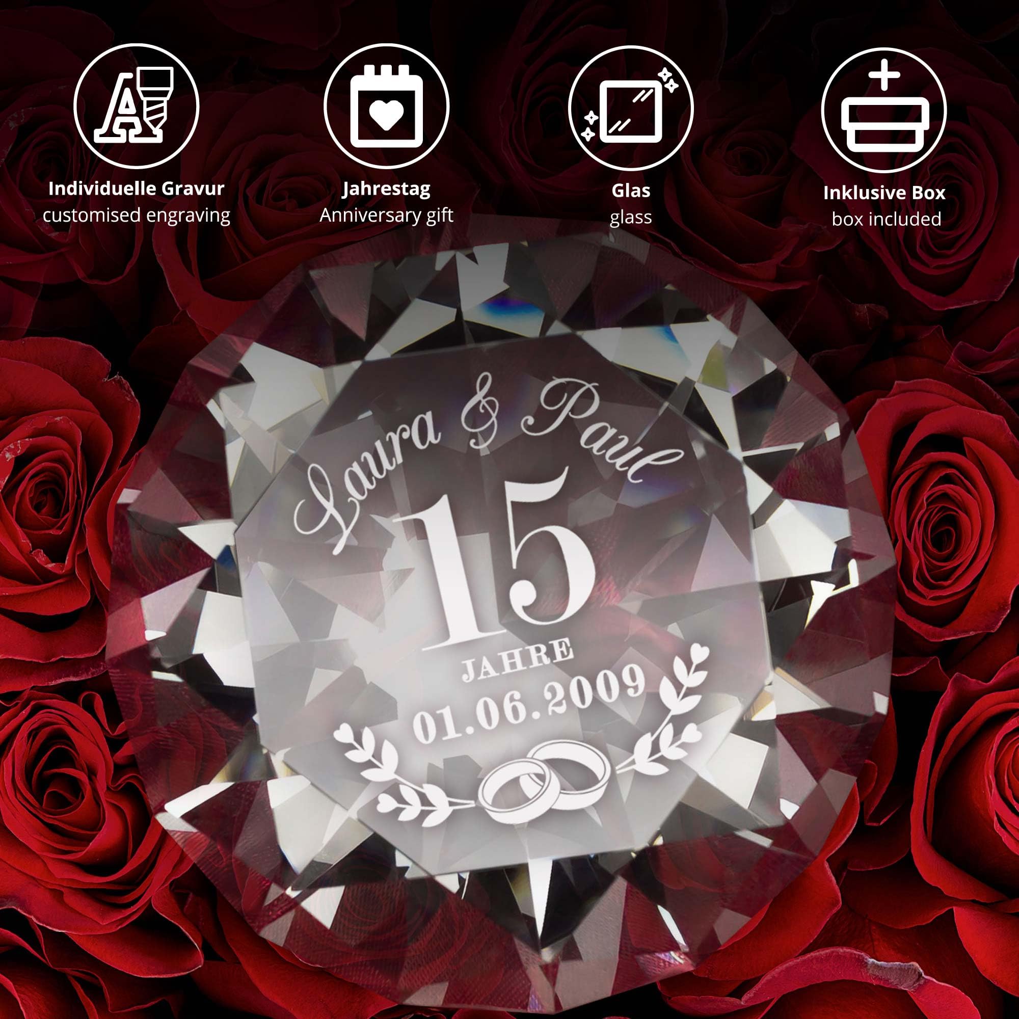Casa Vivente Diamantförmiger Kristall aus Glas mit Gravur zur Kristallhochzeit, Personalisiert mit 2 Namen und Datum, Geschenk zum 15. Hochzeitstag, Kristall Hochzeit