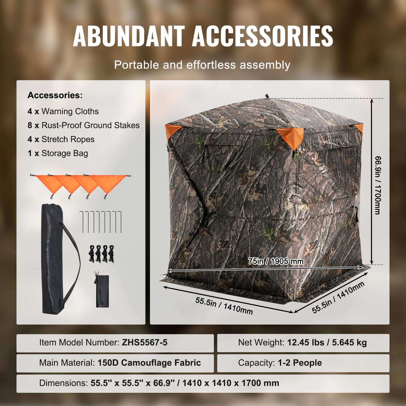 VEVOR Tienda de Caza Portátil Visión de 270° Puesto de Caza Plegable para 1 o 2 Personas con Bolsa de Transporte Tienda de Camuflaje Resistente con 3 Ventanas Horizontales, 1410 x 1410 x 1700 mm