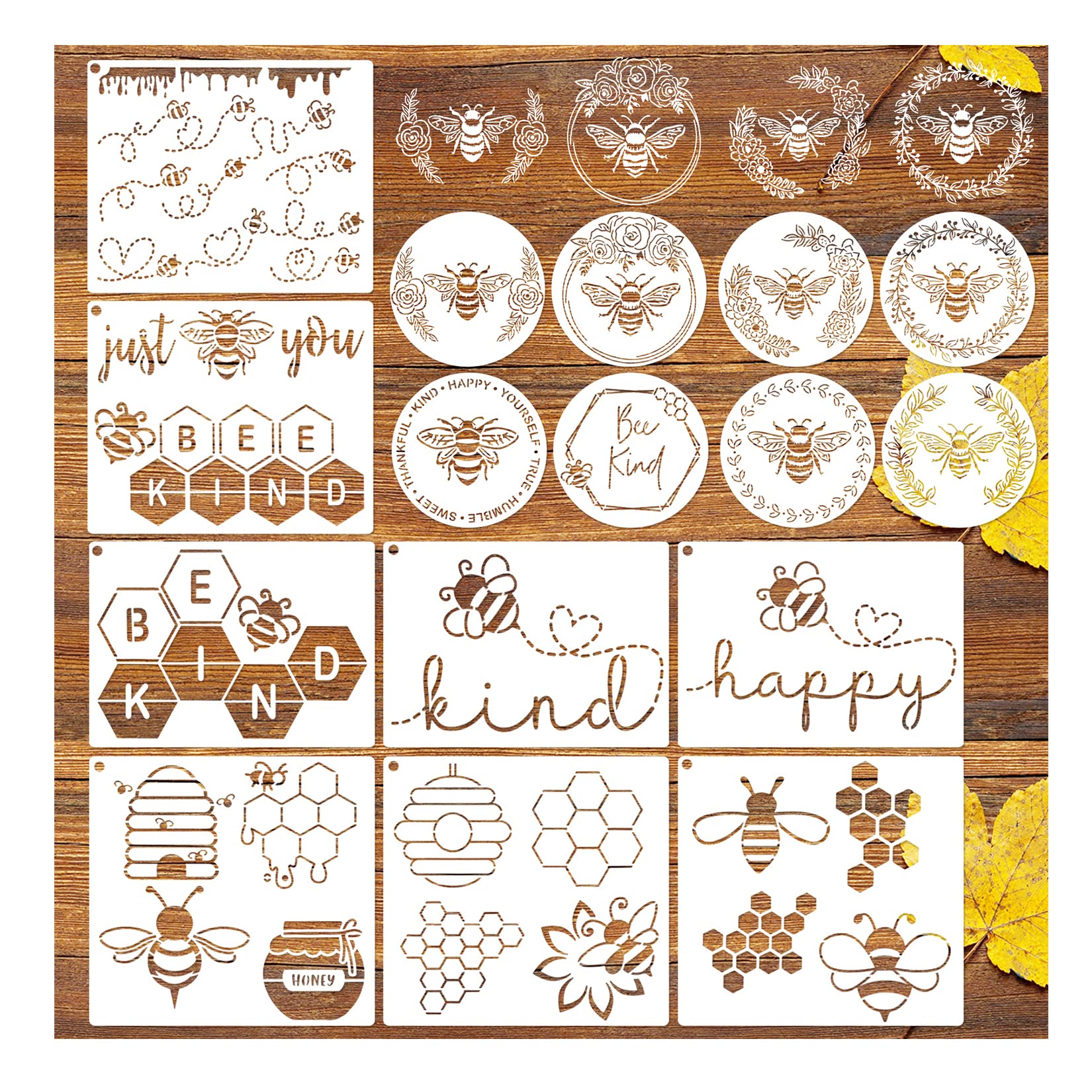16 Pieces Bee Honeycomb Stencil, Reusable Bee Stencils for Painting on Wood Signs Furniture DIY Crafts Wall Canvas Fabric Plastic Drawing Template Hexagon Paint Wood Burning Stencils (16 Round bee)