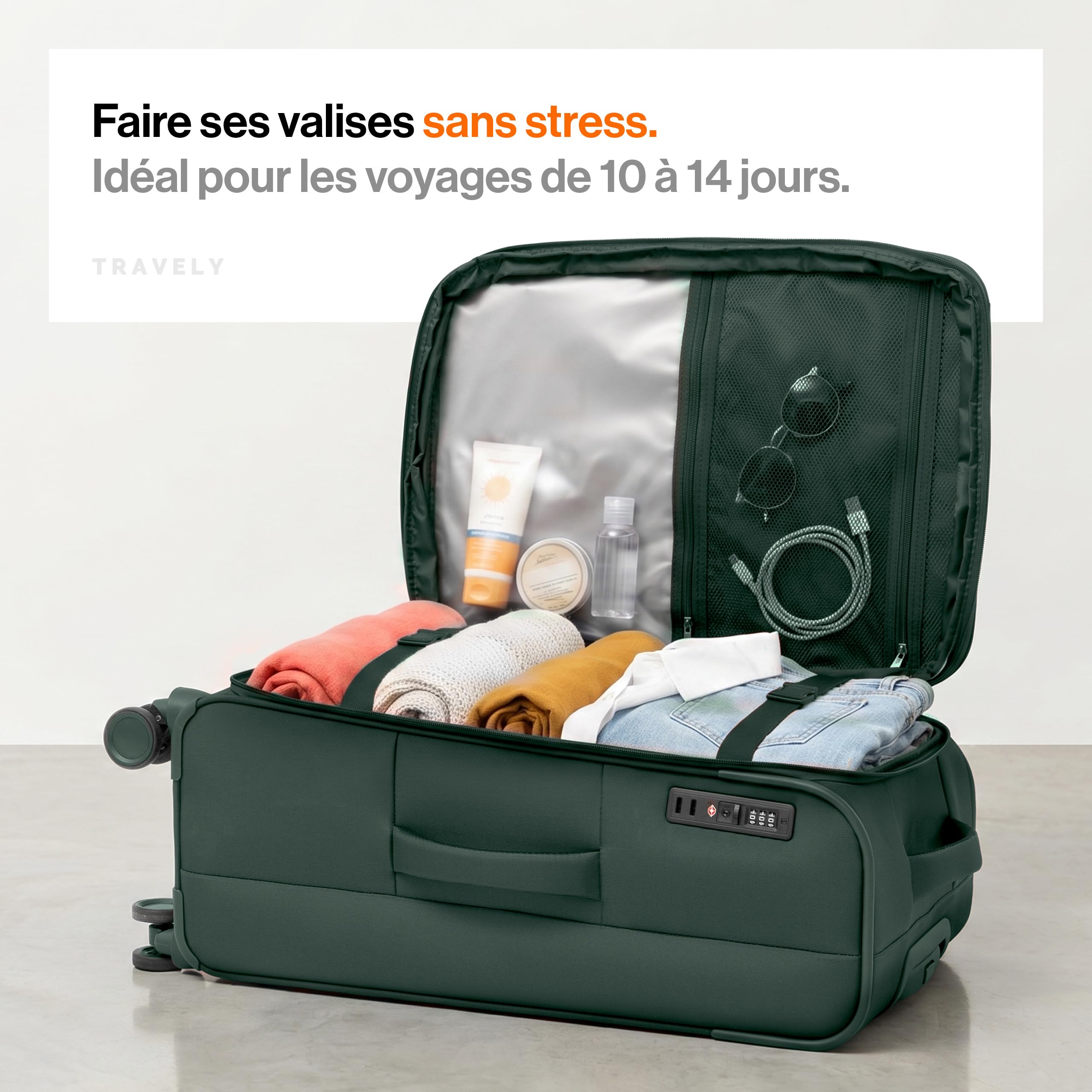 Travely Valise en Tissu L - Valise Taille Moyenne avec 4 roulettes et Cadenas TSA à Combinaison - Valise Souple avec Soufflet Extensible, fabriquée en matériau résistant à la déchirure et déperlant