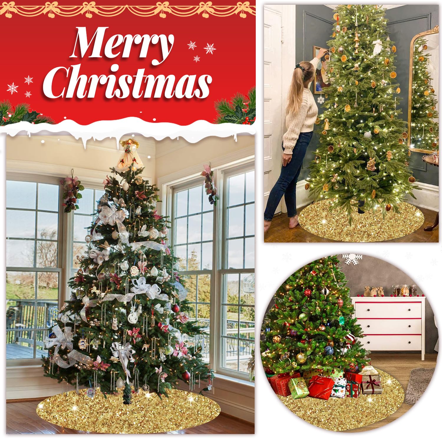 FOTSHARER 117,8 cm Gold Weihnachtsbaum Rock Samt Pailletten Baum Rock Matte Glitzer Weihnachtsbaum Röcke Groß für Winter Holiady Luxus Sparkle Baum Abdeckung Rock für künstliche Bäume Weihnachtstag