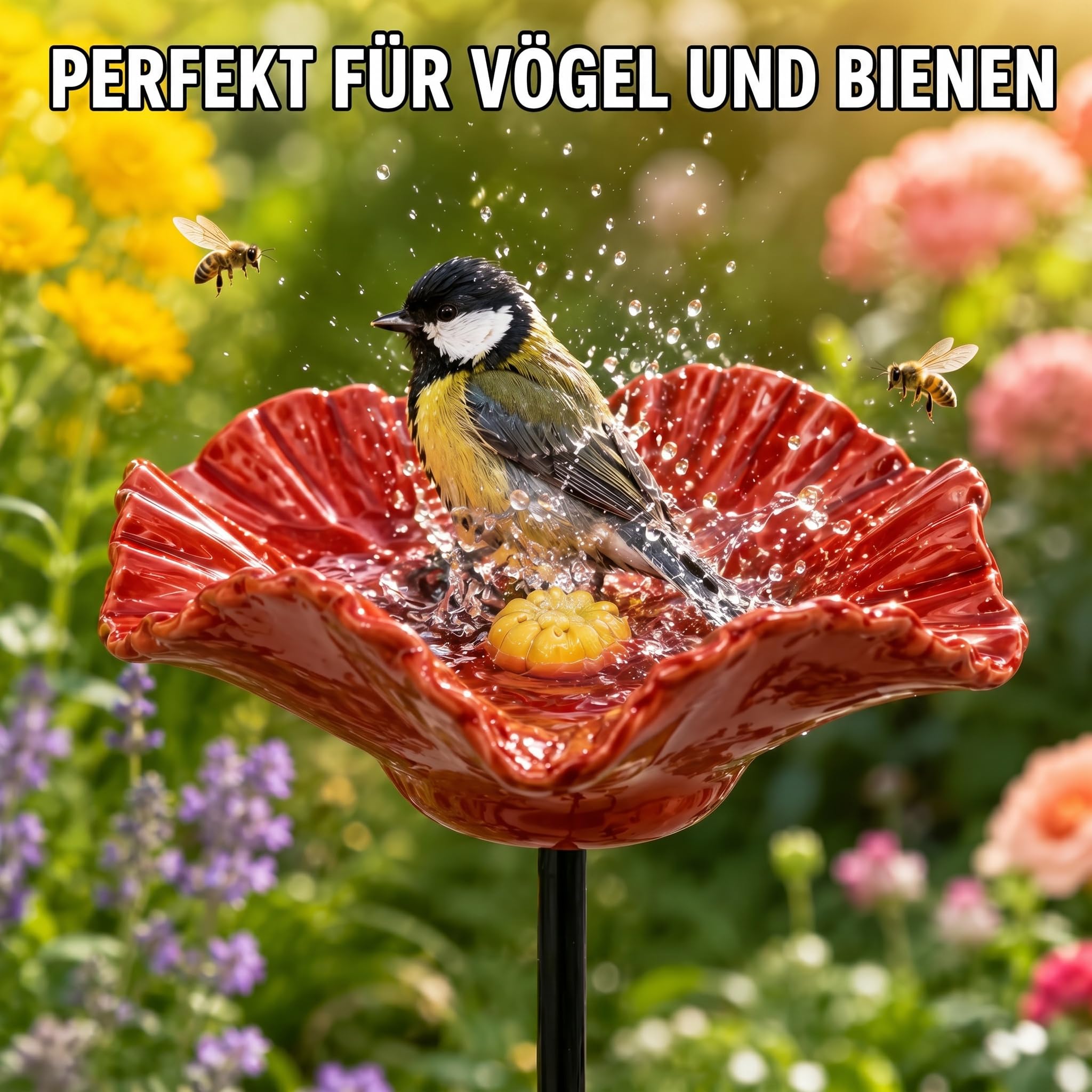 Vogeltränke Blume Bienentränke Keramik Handgemacht 4er Set Wetterfeste Blütenschalen auf Metallstäben für Garten Balkon und Beet Wasserstelle für Bienen Insekten und Vögel (4 Blüten)