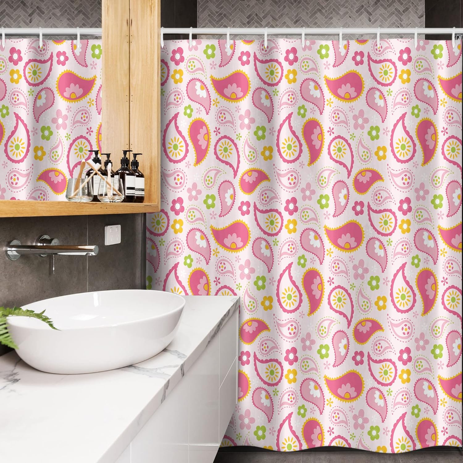 Lunarable Paisley Stall Shower Curtain, Spring Inspired Pink Colored Pattern Little Daisies Girly Feminine, Fabric Bathroom Decor Set with Hooks, 54" W x 78" L, Pink Yellow Green