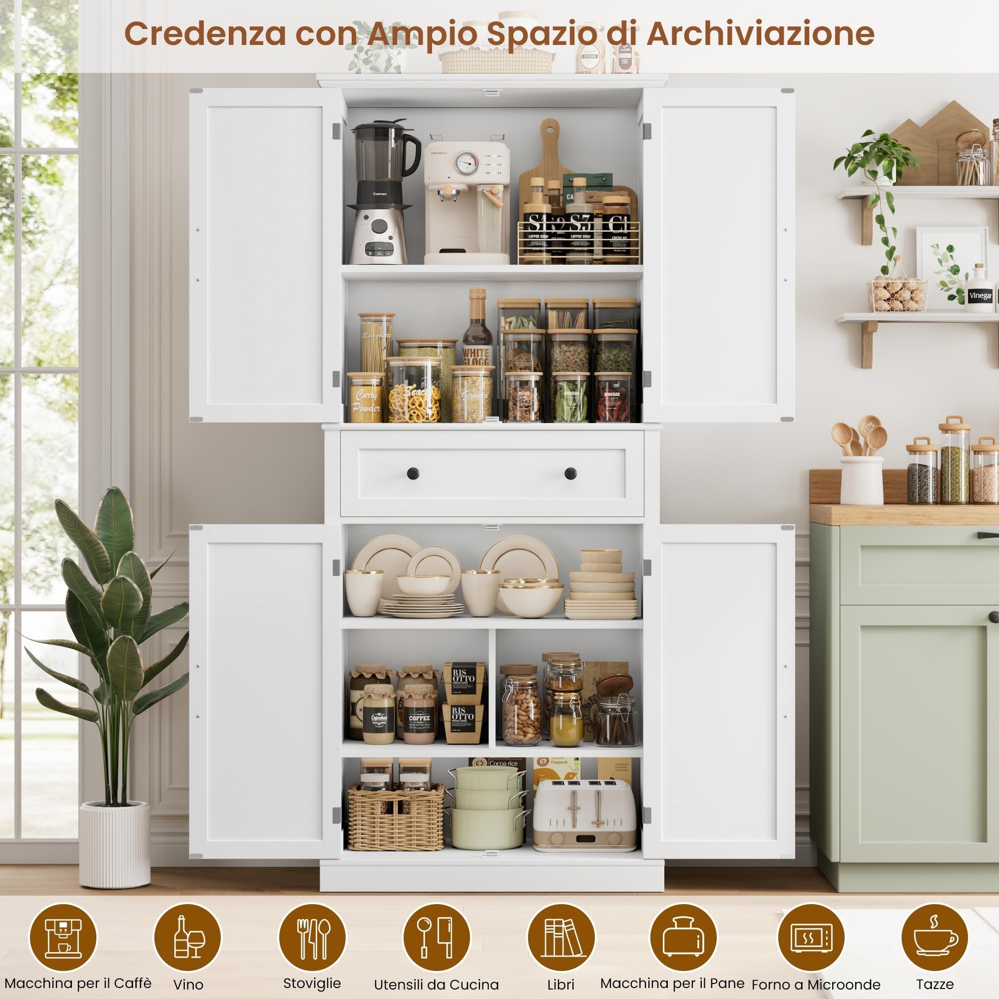 FirFurd Credenza Cucina Alta,Dispensa Cucina con 4 Ante e 1 Cassetti Bianco | Mobile Cucina Dispensa,Antiribaltamento Incluso,Design salvaspazio,Ingombro Ridotto,per Cucina, Soggiorno,78x40x181.5cm