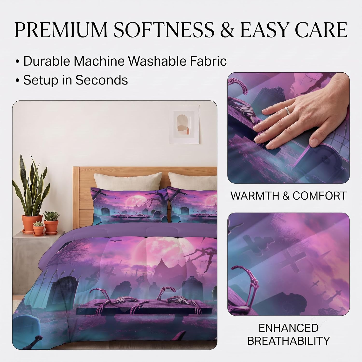 Fantasy and Bizarre Quilt King Size Pinkish-Purple Quilt Bedding Set | 3 Pieces Soft Lightweight Microfiber Gloomy Cemetery with Withered Trees Bedspread Coverlet Set for All Season, 104"X90"