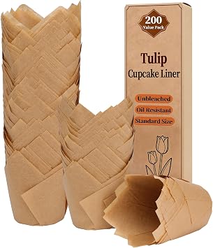 KORCCI 200pcs Tulip Cupcake Liners,Greaseproof & Sturdy Muffin Liners, Unbleached Parchment Baking Cups, Easy Release Natural Cupcake Wrappers for Baking, Party, Wedding & Christmas