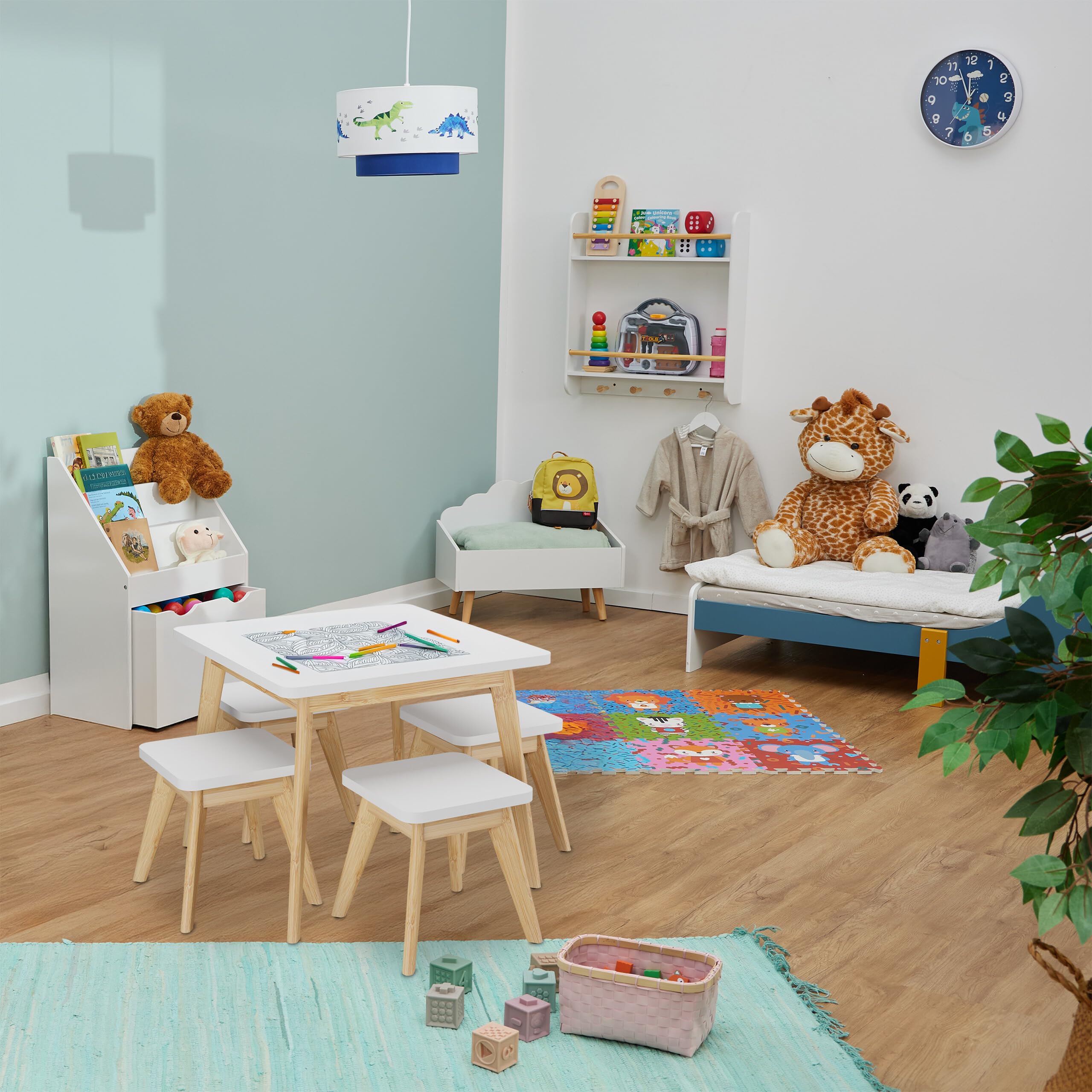Relaxdays Tavolino da Bambini con Sedie per Cameretta, Tavolo da Gioco 4 Posti, bambù e MDF, 49x60x60 cm, Marrone Bianco