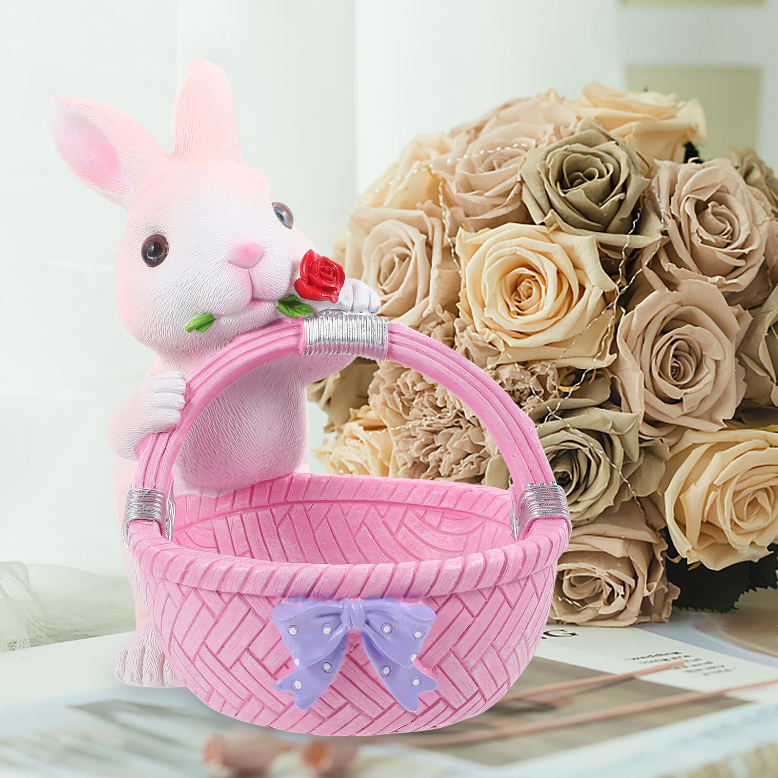 Uonlytech Decorazione Pasqua Coniglio in Resina Cestino Design Unico Adorabile e Funzionale per Casa e Tavola Rosa Ornamento da Collezione