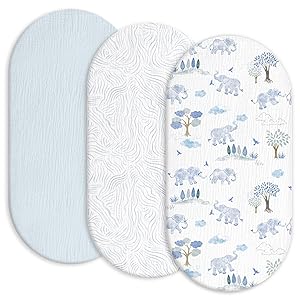 Gllquen Baby Muslin Bassinet Sheets 3 Pack, Breathable Elastic Cozy Fitted Cotton Bassinet Mattress Sheet for Baby Boy Girls, Fit for Hourglass Oval Rectangular Cradle Pad Sheets 33"x17" (Light Blue)
