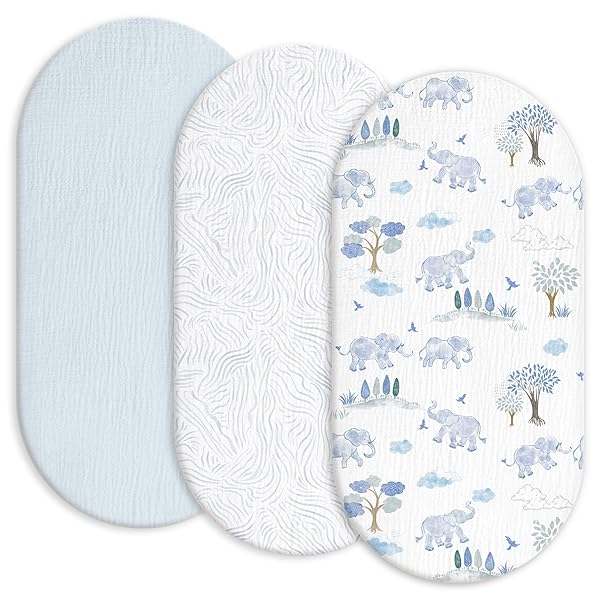 Gllquen Baby Muslin Bassinet Sheets 3 Pack, Breathable Elastic Cozy Fitted Cotton Bassinet Mattress Sheet for Baby Boy Girls, Fit for Hourglass Oval Rectangular Cradle Pad Sheets 33"x17" (Light Blue)