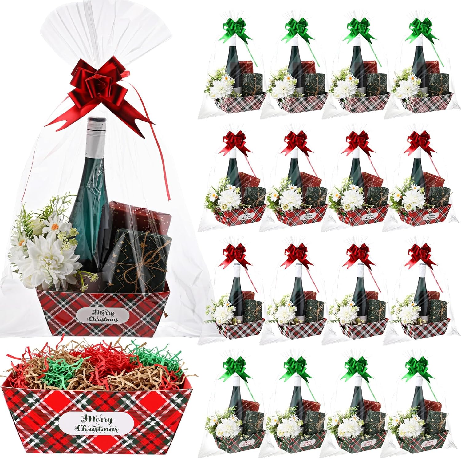 Fulmoon 20 Sets Christmas Gift Baskets Bulk 8x6x3.1'' DIY Empty Xmas Kraft Basket with Handles Pull Bows Merry Christmas Bags Candy Striped Box for Wedding Birthday Party Decor(Classic)