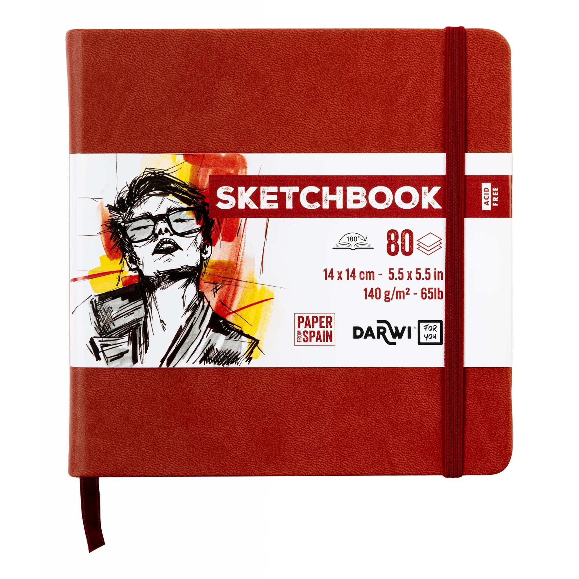 Darwi for You DF80014140007C - Carnet Cousu Sketchbook 14x14 cm 140g - 80 Feuilles Papier Dessin Blanc - Couverture Rigide Terracotta
