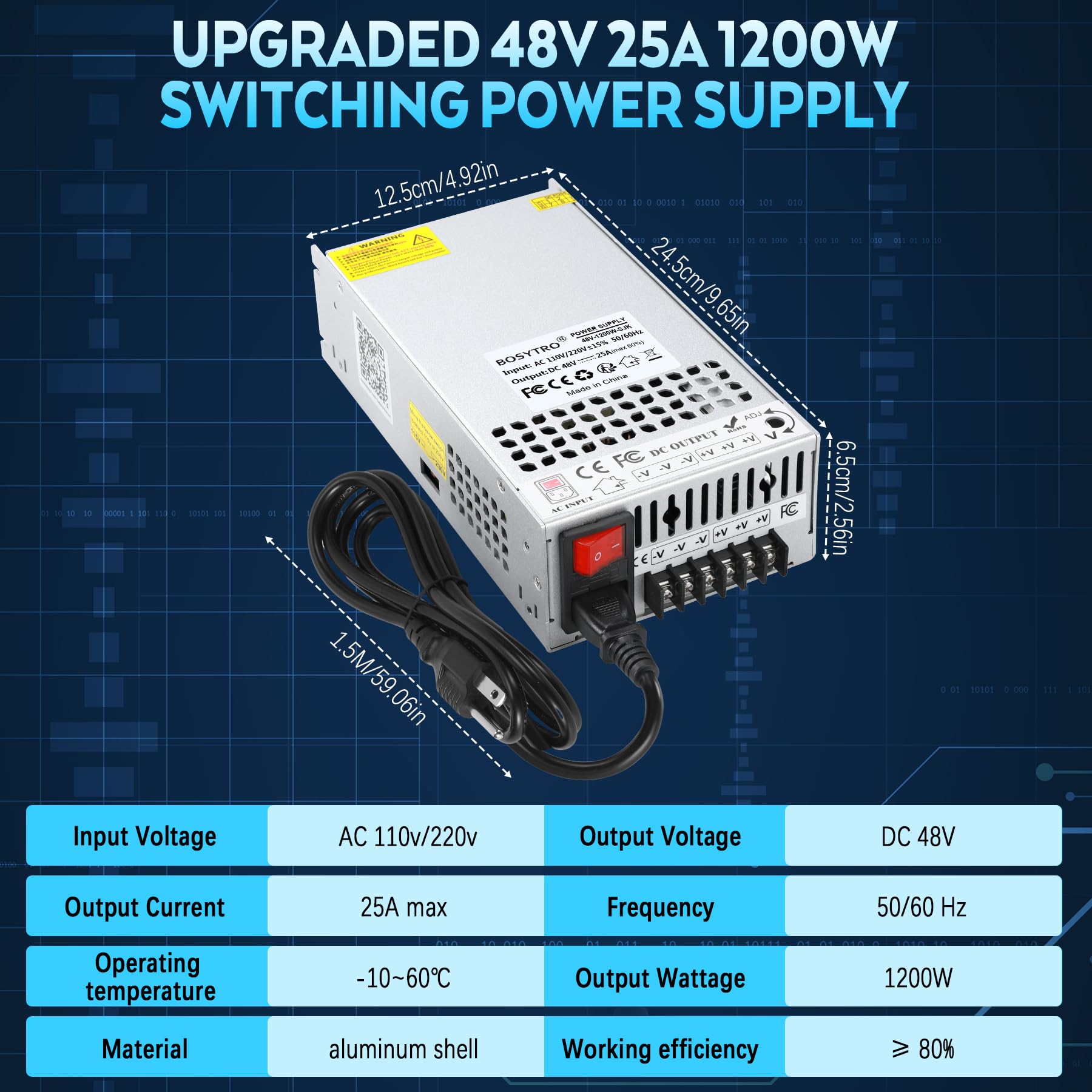 Ulepszony zasilacz impulsowy 48 V, 25 A, 1200 W, transformator LED 230 V na 48 V, DC 48 V, przetwornica napięcia, z kablem sieciowym i wyłącznikiem bezpieczeństwa, transformator do ogrzewania