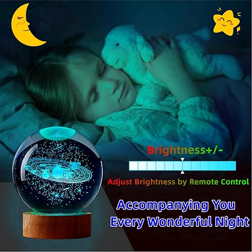 Miniatura 3 de Luz nocturna del sistema solar, lámpara de bola de cristal de galaxia de 3.15 pulgadas con base de madera LED de 16 colores, lámpara de noche