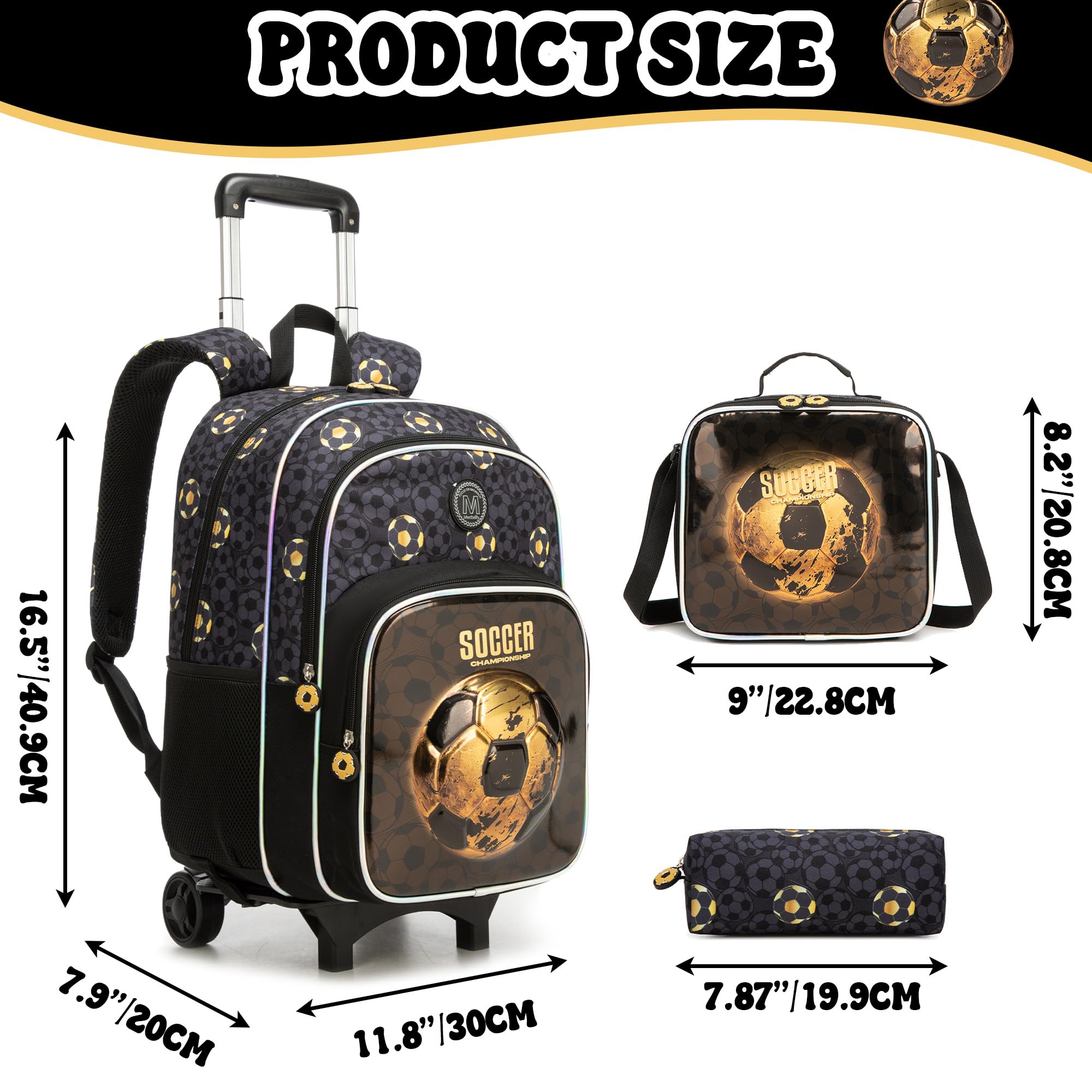 HTgroce Schulrucksack Trolley Jungen Fußball – 5-Teiliges Set Schulranzen mit Rollen – Inkl. Lunchtasche, Federmäppchen, Tagebuch & Schreibwaren – Einschulung