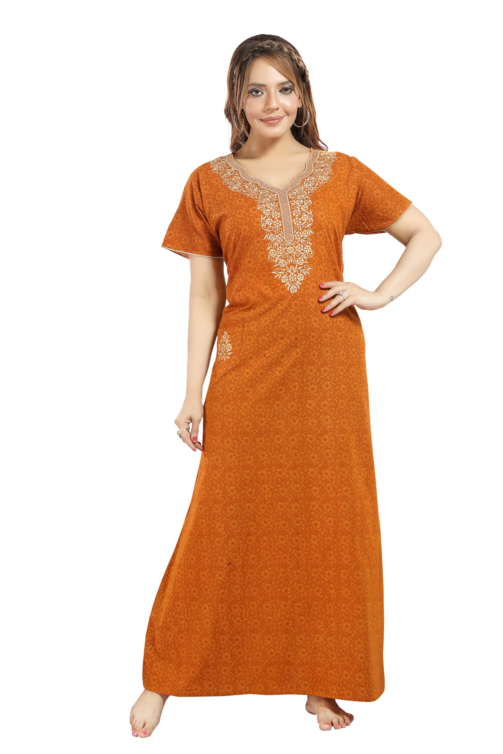 bailey sells Women's Cotton Embroidered Printed Maxi Nighty Nightgown for Women Full Length Nighty with Side Pocket Summer Maxi Nighty for Women Ladies (Free Size)-picture-16