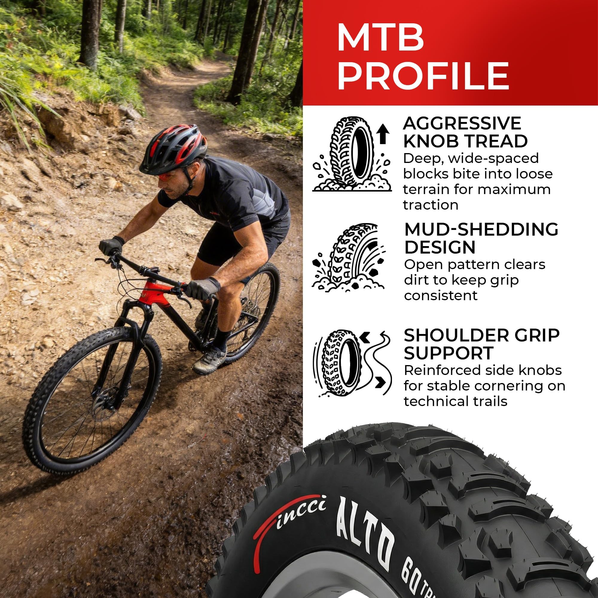 Fincci Pneu VTT 26 Pouces - Set Pliable Pneus pour Vélo 26 x 1.95 60 TPI avec Chambre à Air de Valve Presta 48mm - pour VTT Montagne, Velo Electrique, Hybrid Vélo, Sport Bicyclette - 50-559