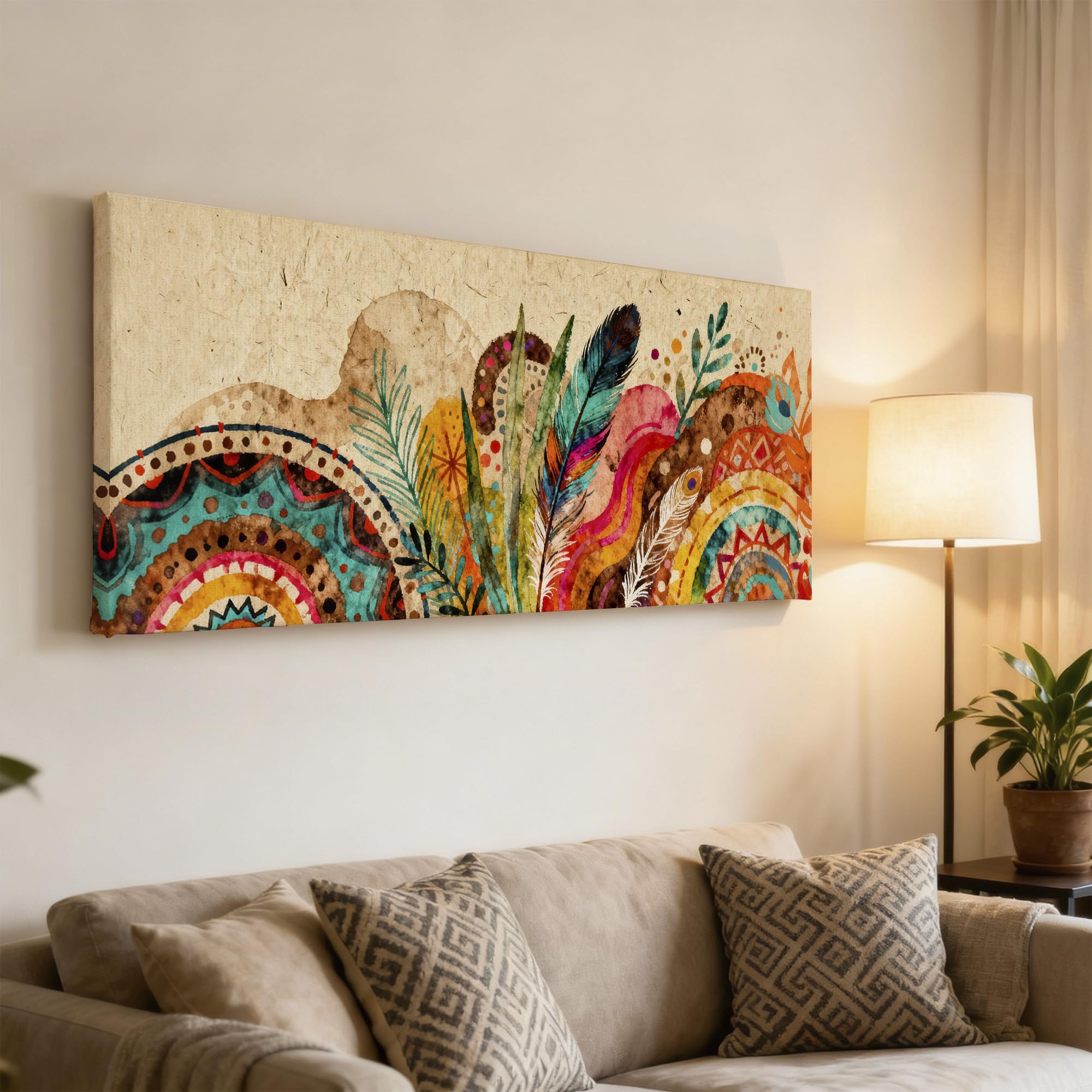 SoulAbiti Mediterranean Rainbow Feathers Unframed 36x14 inches Rolled Canvas Wall Contemporary Art UV Print Painting for Living Room, Bedroom & Office Decor Premium Gloss Vivid Fade-Resistant Print 2