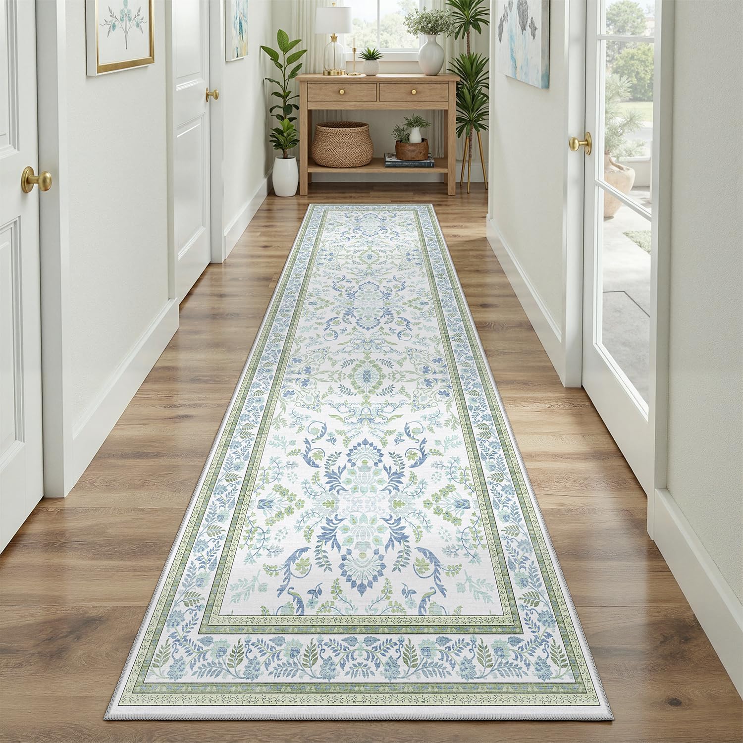DCX Green and Blue Floral 2x6 Runner Rug, Machine Washable with Flowers Non Slip Vintage Floral Backing Hallway Runner Rug Carpet for Nursery Soft Low Pile Stain Resistant, Kitchen, Bathroom