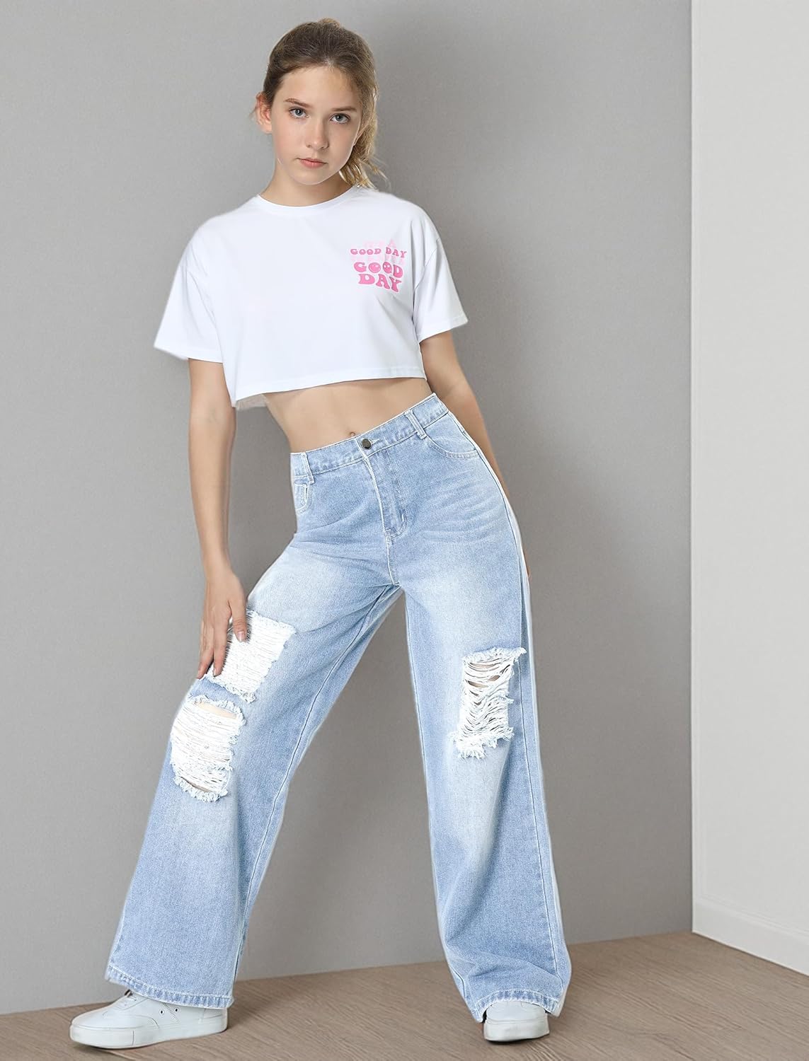 EXARUS Girls Jeans Pants Wide Leg/Flare/Skinny Denim Pant Ripped High Waist Elastic Band Casual with Pockets Kids 6-14Y - Image 6