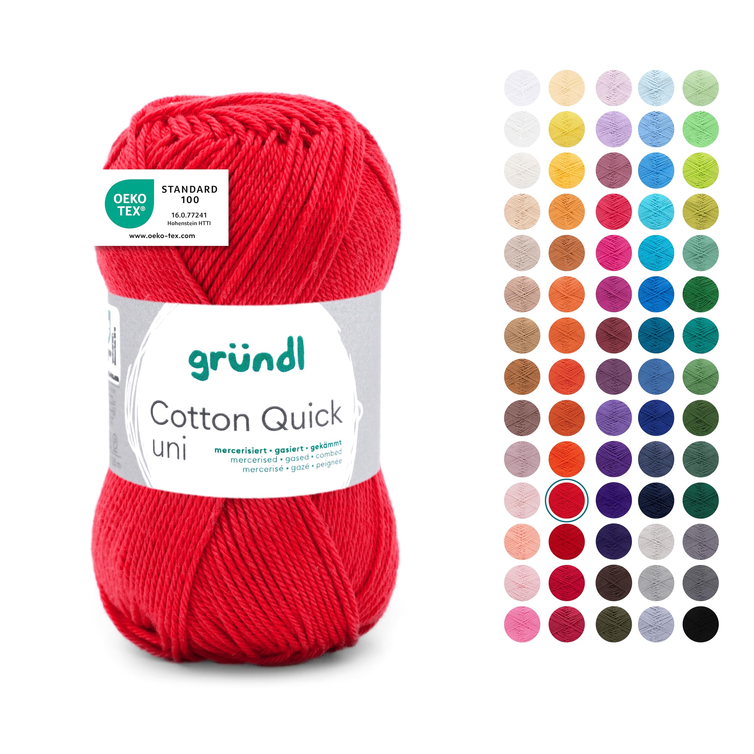 Gründl Wolle Cotton Quick uni - dünne Wolle zum Häkeln - Strickgarn - Häkelgarn - Glänzend und hautfreundlich - 100% Baumwolle - 1 Knäuel 50 g / 125 m - Nadelstärke 3-4 - feuerrot