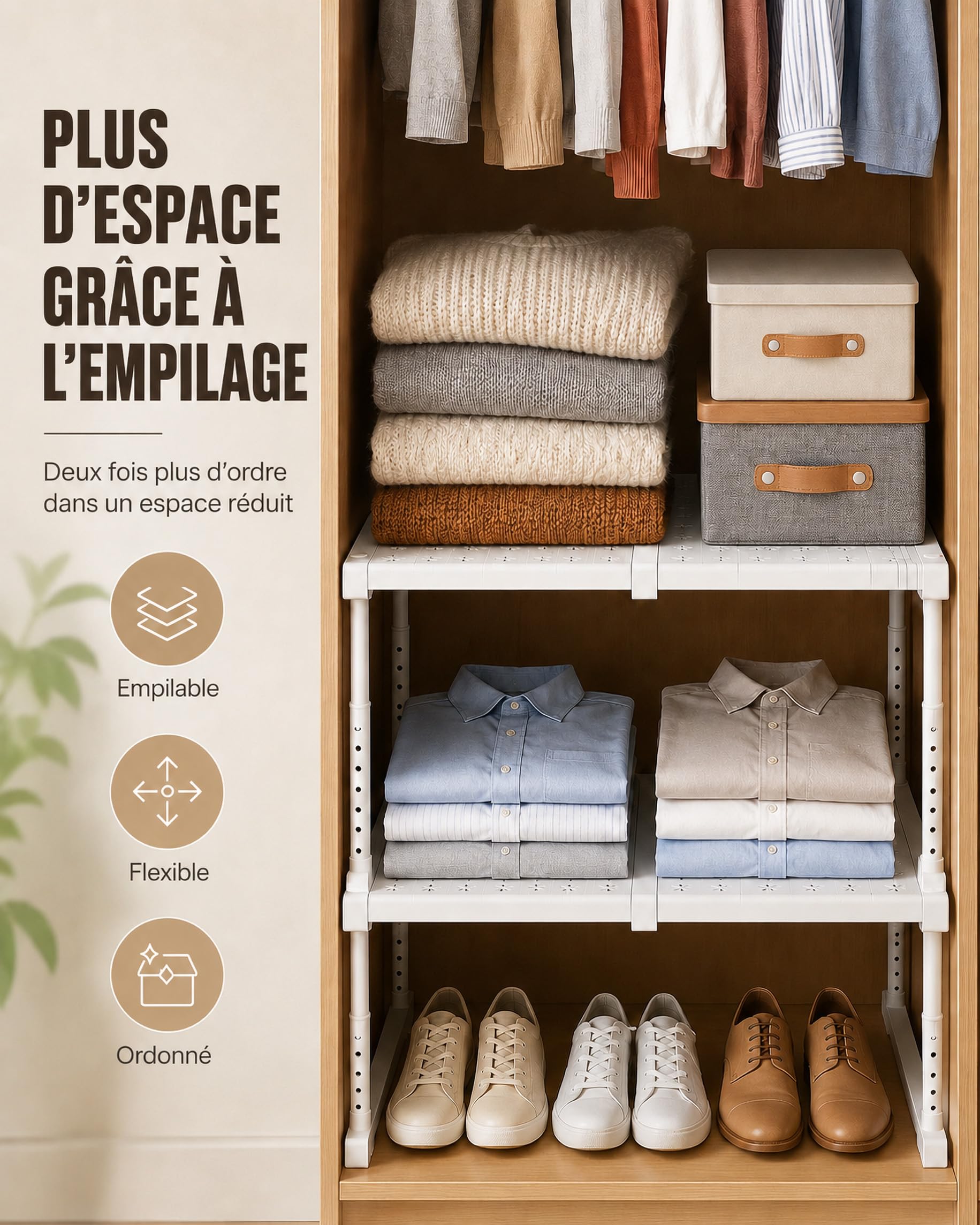 Extensible Séparateur Étagère pour Armoire, Étagère Penderie Extensible, Télescopique Étagères de Rangement Réglable pour Chambre, Salle de Bain, Cuisine, 47-68cm