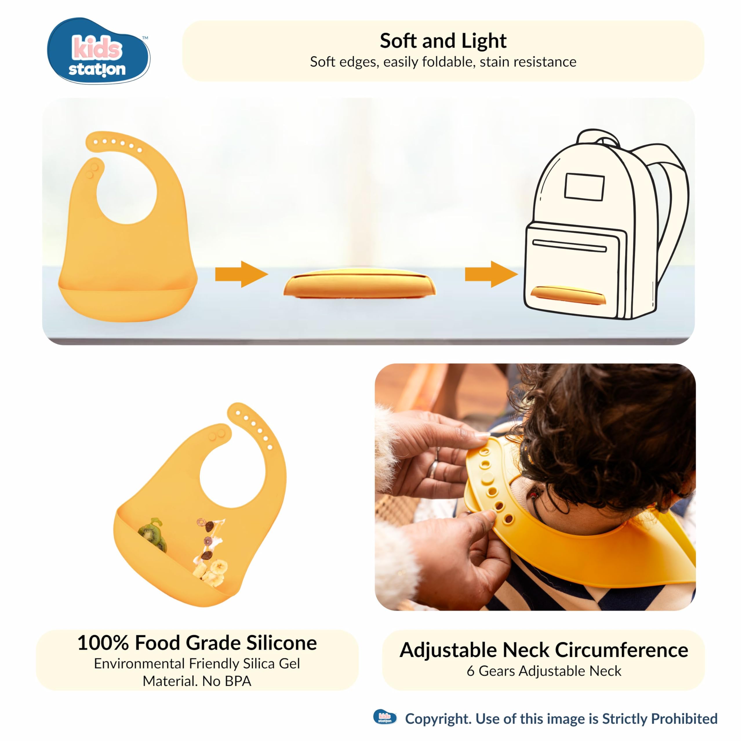 Kids Station 6 Piece Portable Cat Shaped Silicone Baby Feeding Set - Baby Bib, Plate, Fork, Sipper, Spoon and Bowl   , Mealtime Essentials, Promotes Baby Self-Feeding for Highchair (Yellow) - Image 5 thumbnail