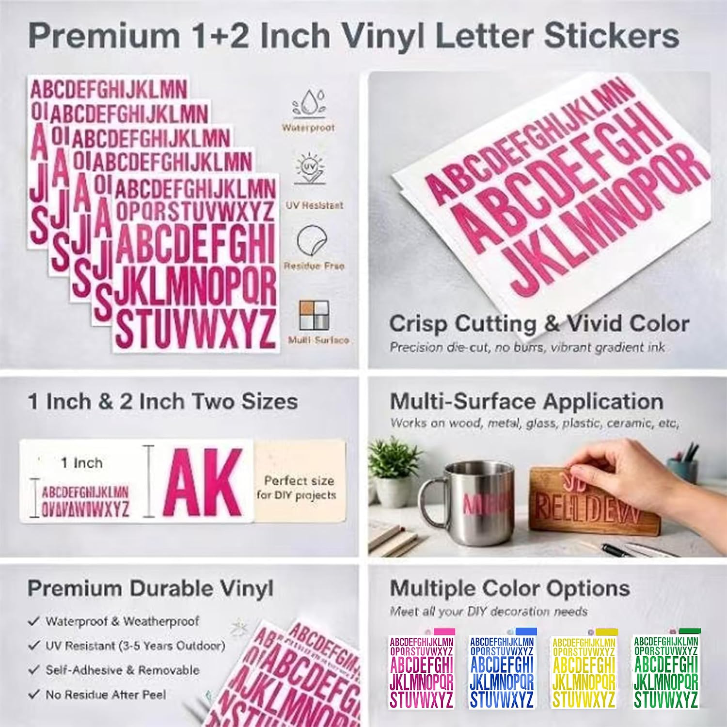 Holographic Glitter Alphabet Stickers, Iridescent Rainbow Letter Decals, 1 & 2 Inch, 5 Sheets, for Tumblers, Graduation Caps (Colorful)