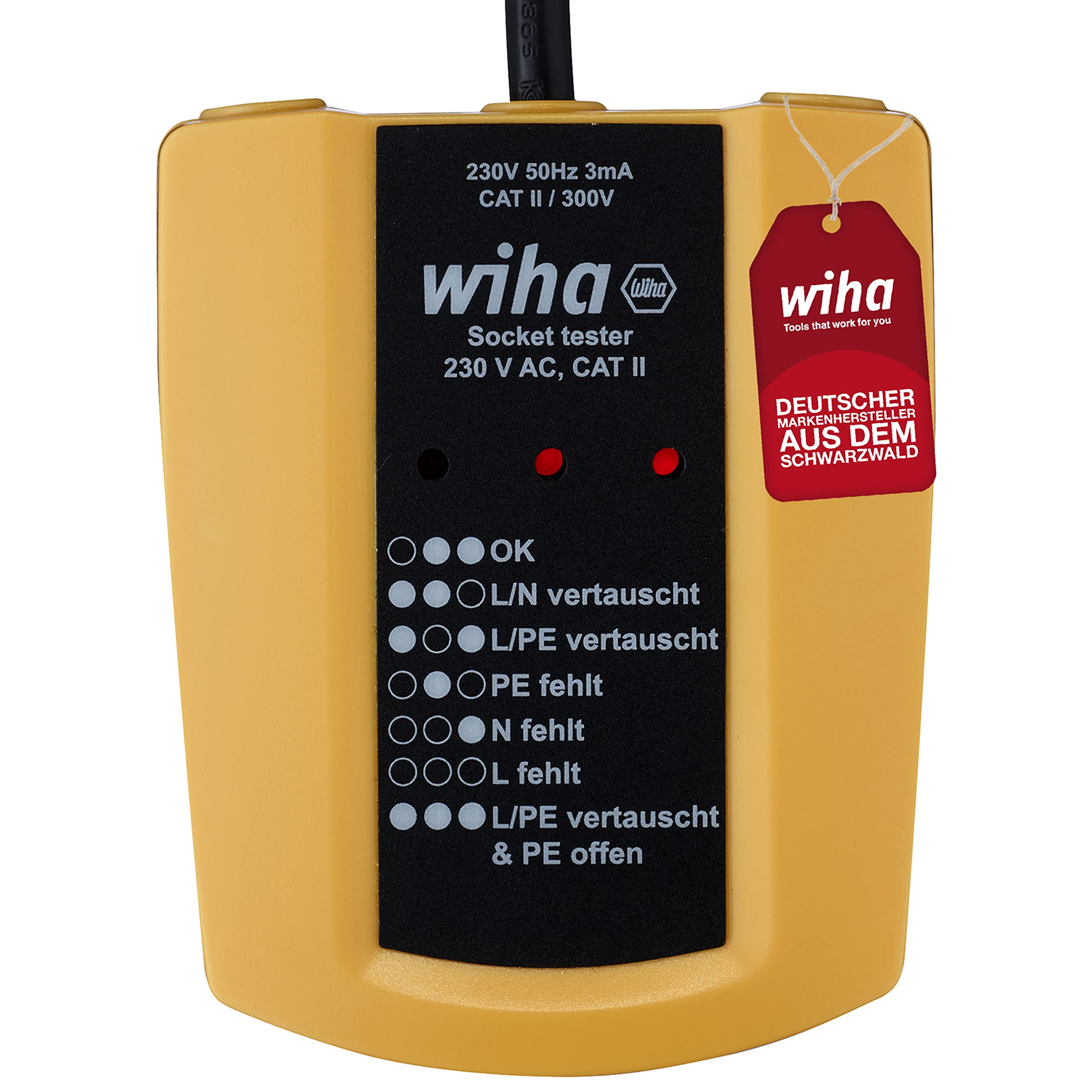 Wiha Tester per prese 230 V AC, CAT II con 2 batterie AAA I con cavo flessibile, indicatore LED (45220)