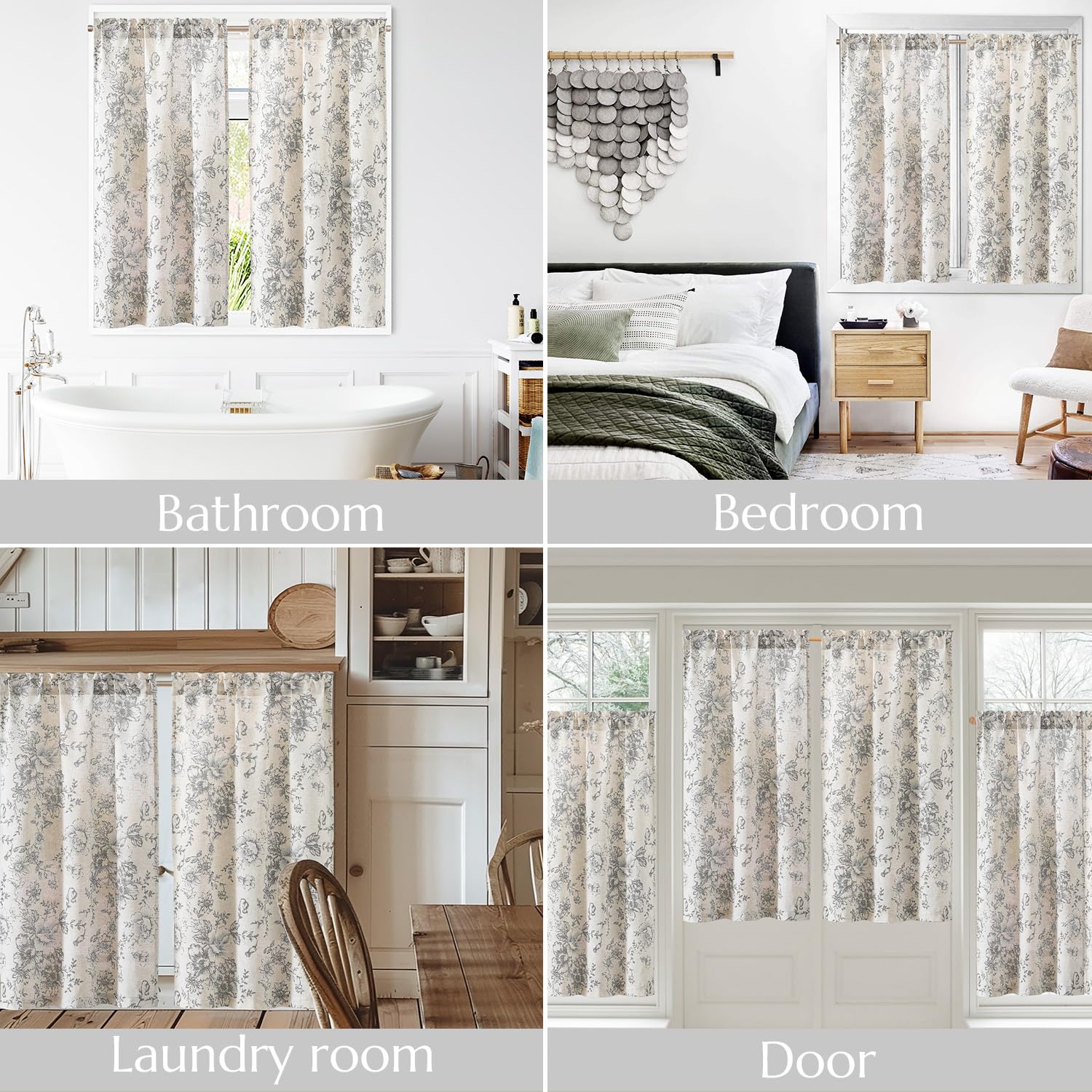 TOPICK Linen Blend Grey Floral Kitchen Curtains 24 Inch Drop Small Cafe Curtains Light Filtering Short Curtain Tiers for Bathroom Sink Rod Pocket 2 Panels - Image 4