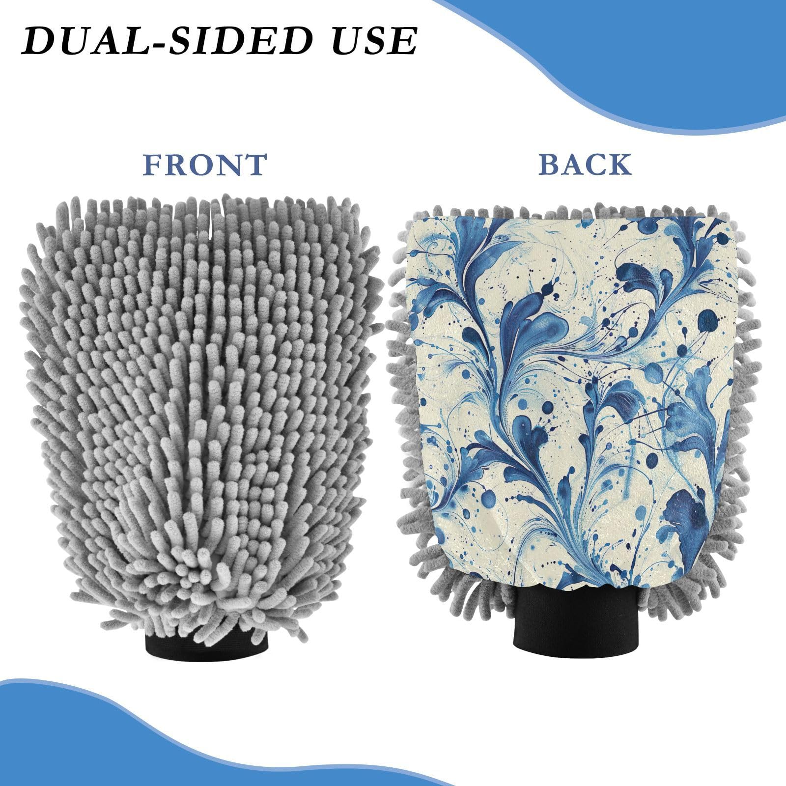 GakkiGii Ink Pattern 2 Pack Microfiber Car Wash Mitts, Dual-Sided Chenille Gloves, Scratch-Free for Auto Detailing & Home Cleaning, L