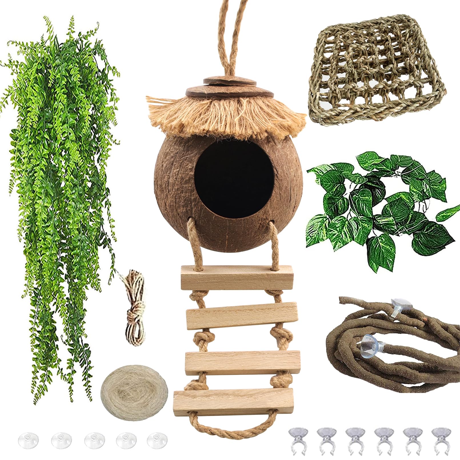 Gecko Coconut Hideout with Ladder,Reptile Hammock Plants Vines Jungle Terrarium Decor Tank Accessories for Crested Geckos,Leopard Geckos,Lizard,Snakes,Tree Frogs