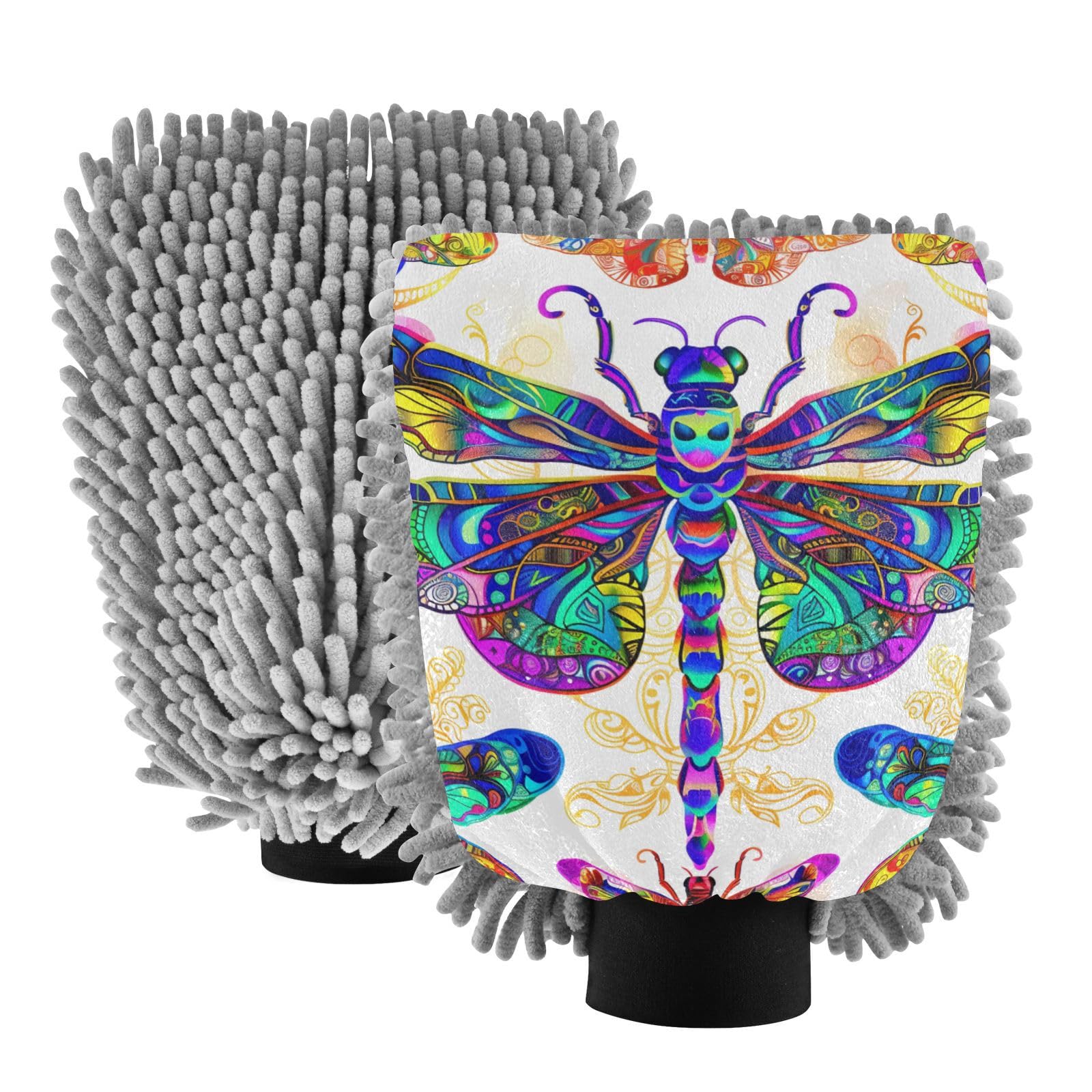 IOACIY Absorbent Microfiber Car Wash Drying Mitts, 2 Pack, Scratch-Free & Lint-Free, Rich Foam, Highly Absorbent, Double Sided, Wash Mitt Perfect for Car Washing, L, Dragonfly (4)