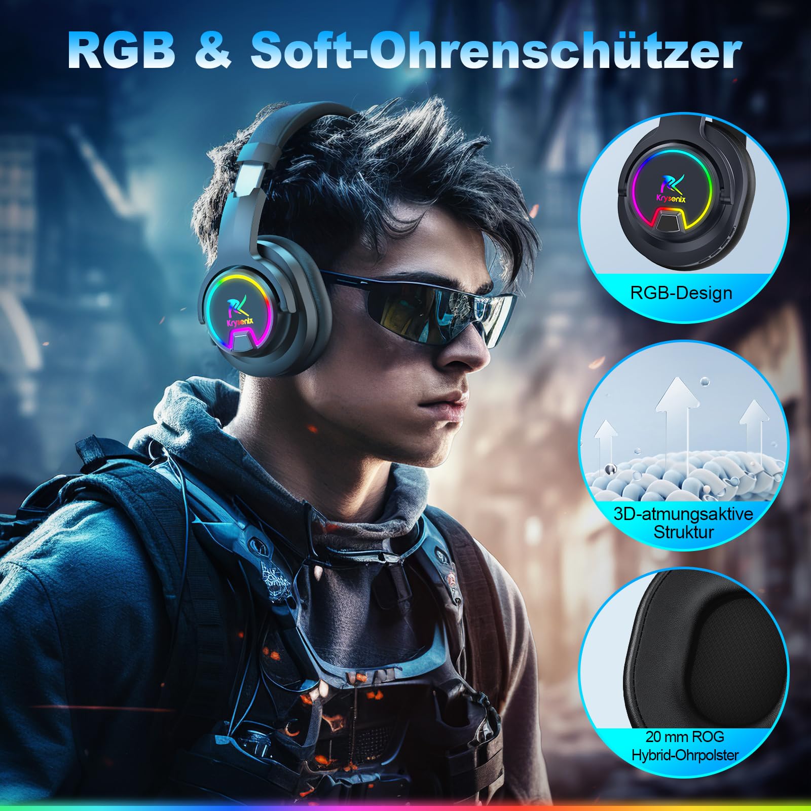 Krysenix PG3 Gaming Headset Wireless für PS4, PS5, PC, Mac, Switch, 48H 2.4GHz Gaming Headset mit Noise Cancelling Mikrofon, Kabelloses Bluetooth Headset mit LED-Lichtern, Surround Sound