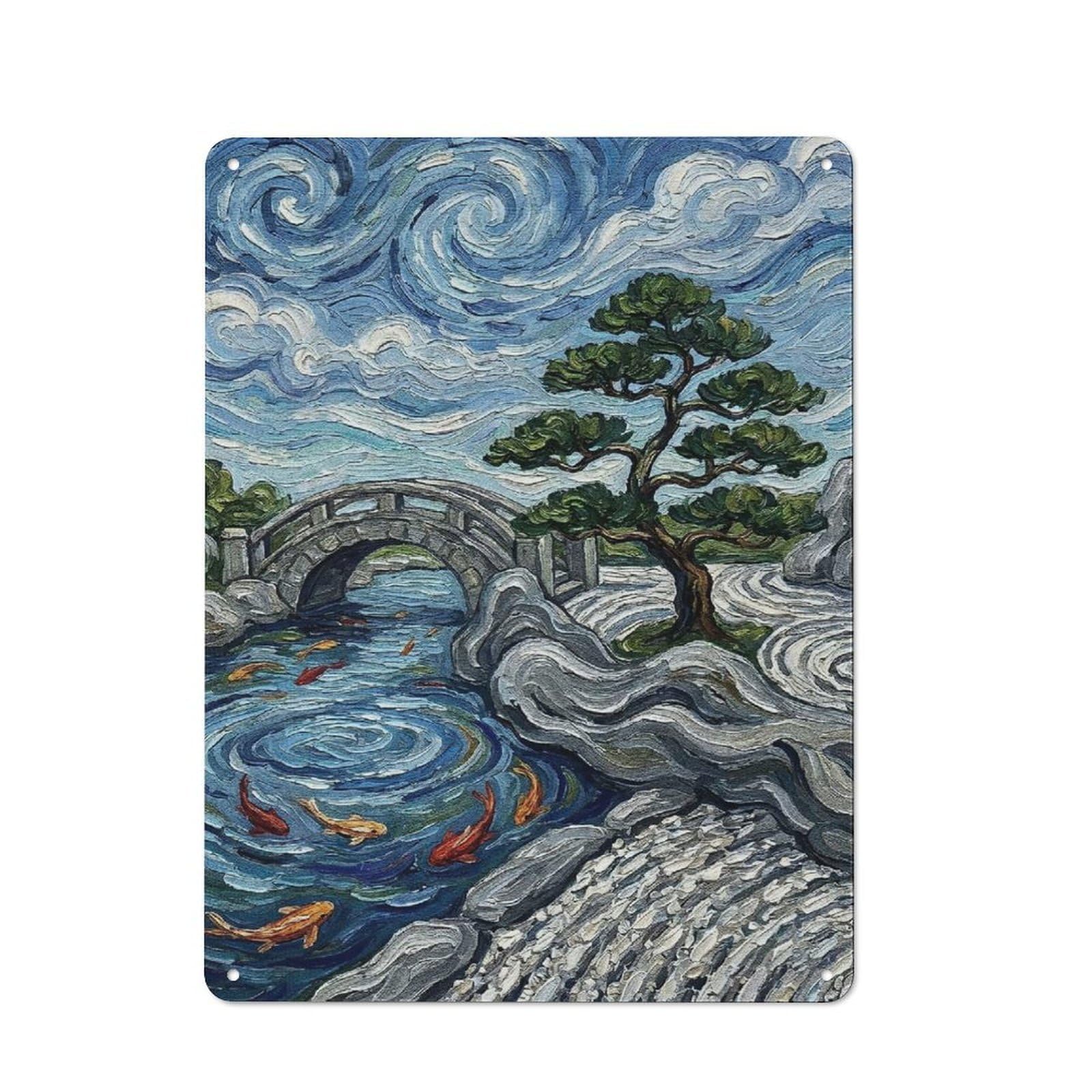 Junmoney Style-5 Rustic Japanese Garden With Bridge And Koi Rustic Tin Sign 40X30cm, Porch Wall Decor For Greenhouse, Garden Room, Cafe Or Entryway