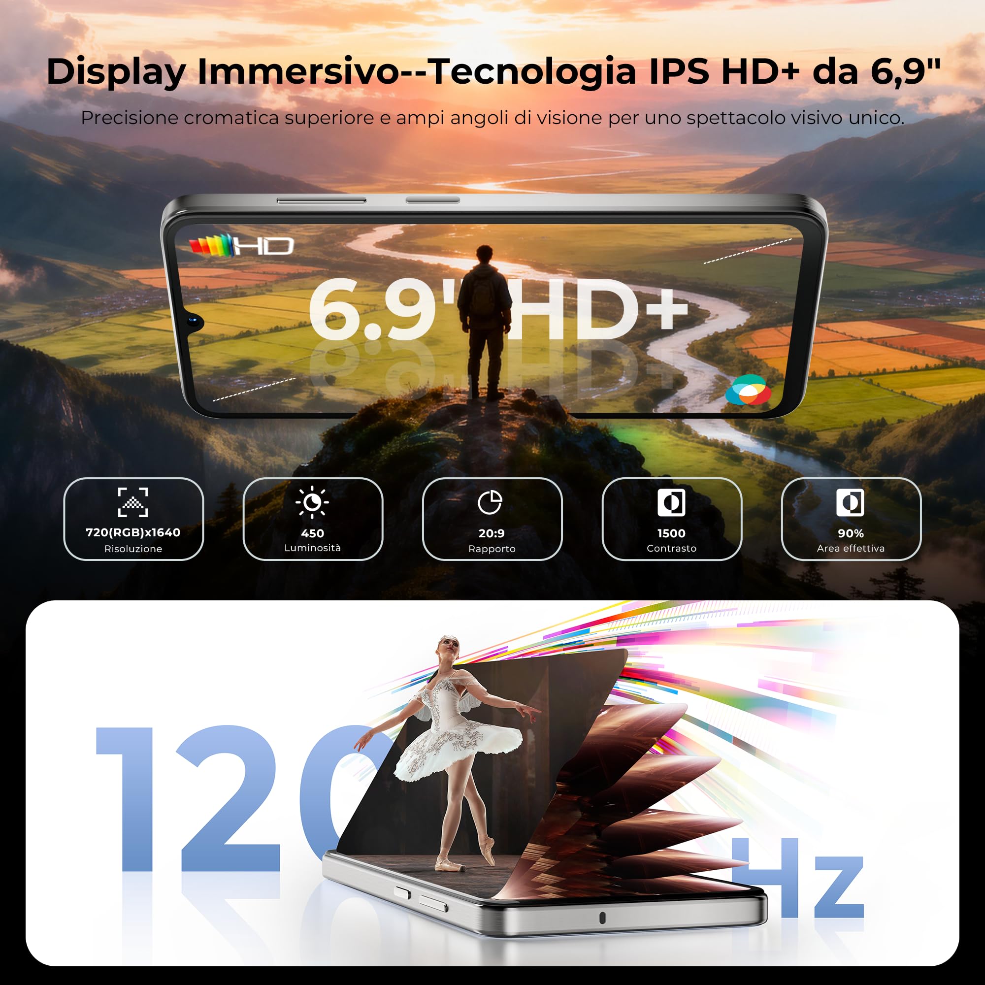 HOTWAV X100 GT Smartphone Android 16 con IA 20GB+256GB/TF TB Telefono Cellulare 5160mAh Cellulare 6.9" 120Hz Telefoni 48MP+16MP Touchscreen Secondario Telefono/Vibrant Island/Telecomando IR/NFC/GPS