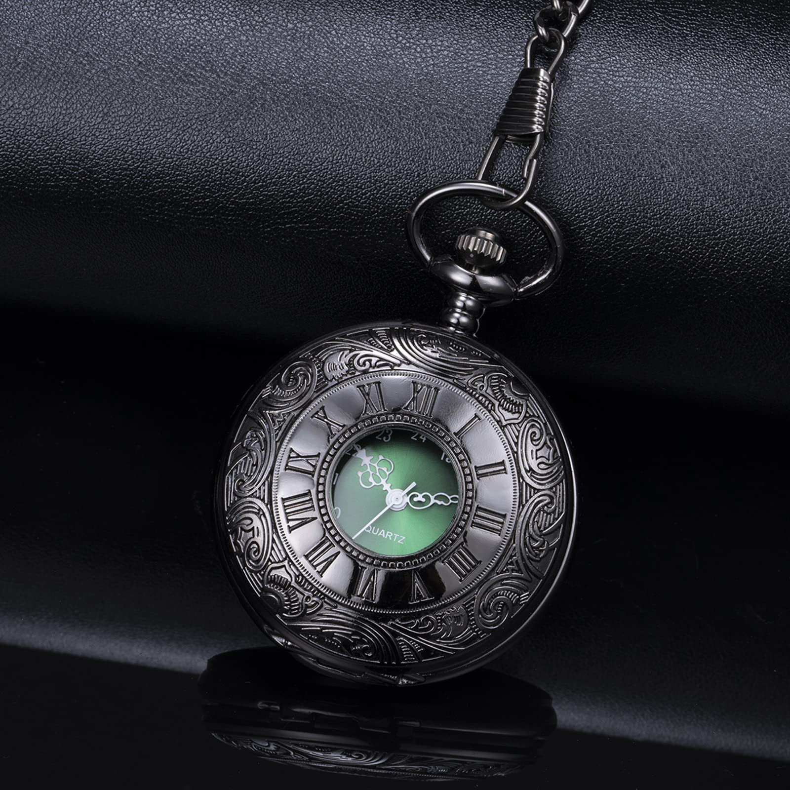 BOSHIYA Vintage Herren Taschenuhr mit Kette Einzigartiges Blau/Grün Römischen Ziffern Zifferblatt Analog Quarz Taschenuhr für Herren Schwarz/Silber